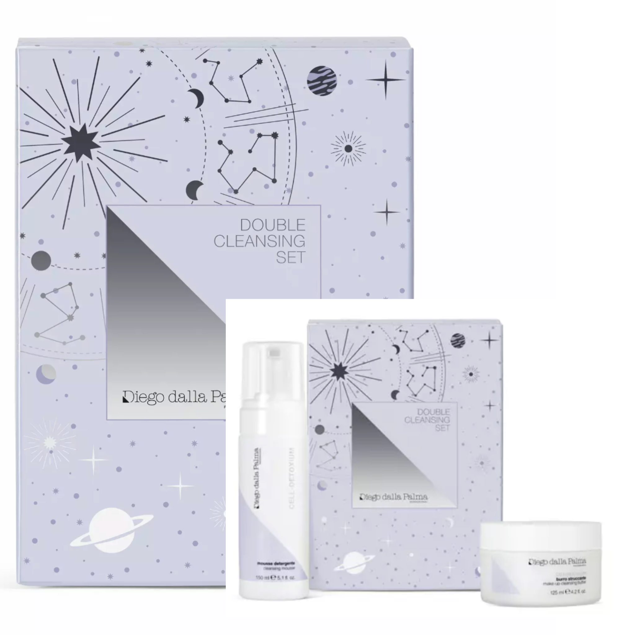 Double cleansing set with packaging featuring celestial designs on a white background