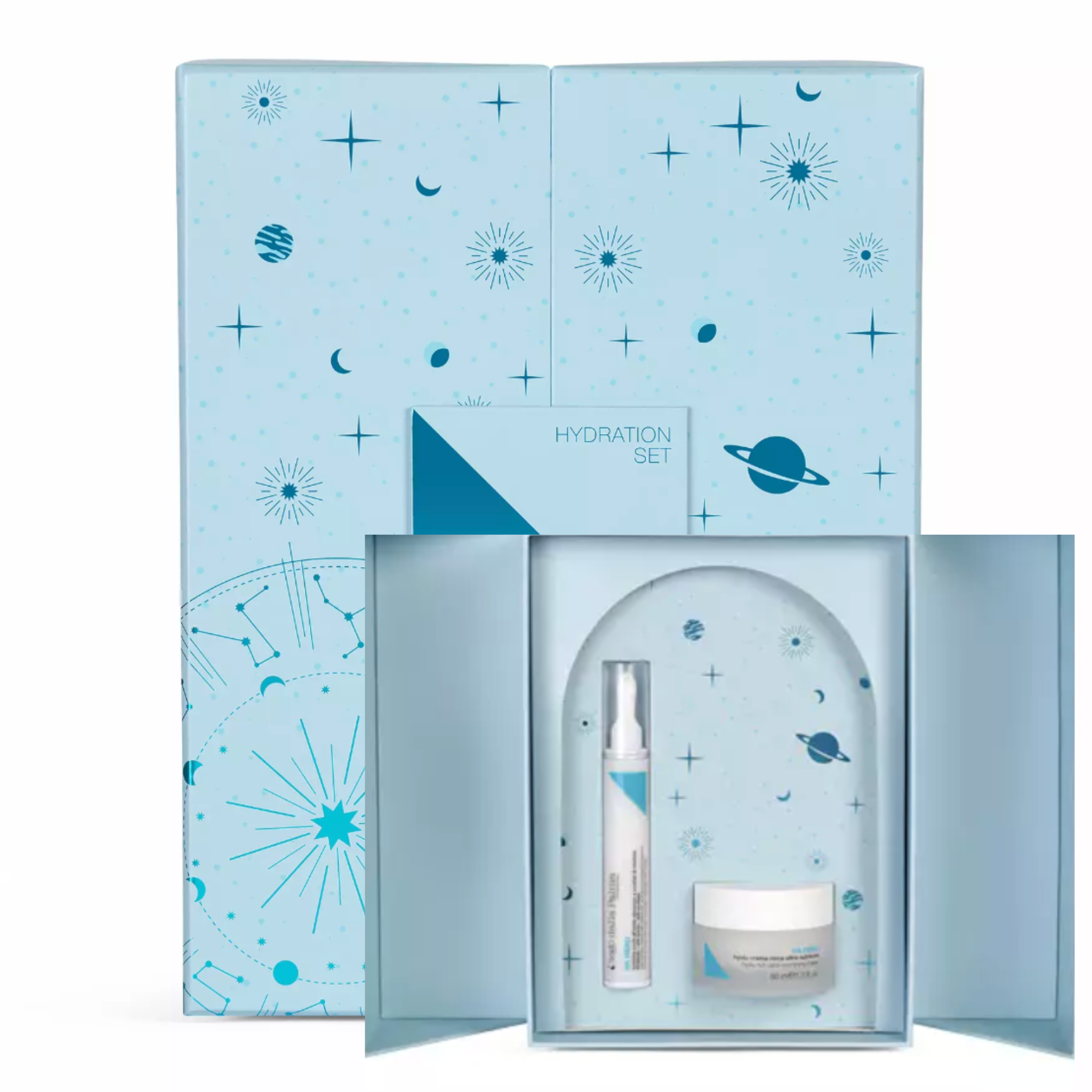 Cosmetic set with a blue-themed box featuring celestial designs.