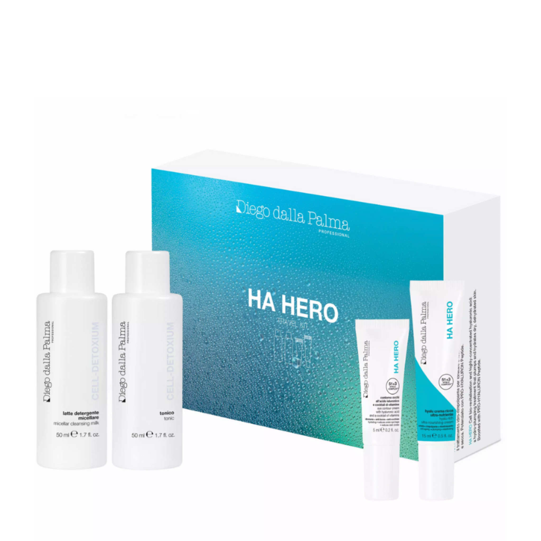 Cosmetic set with bottles and boxes labeled 'HA HERO' by Diego Dalla Palma on a white background.