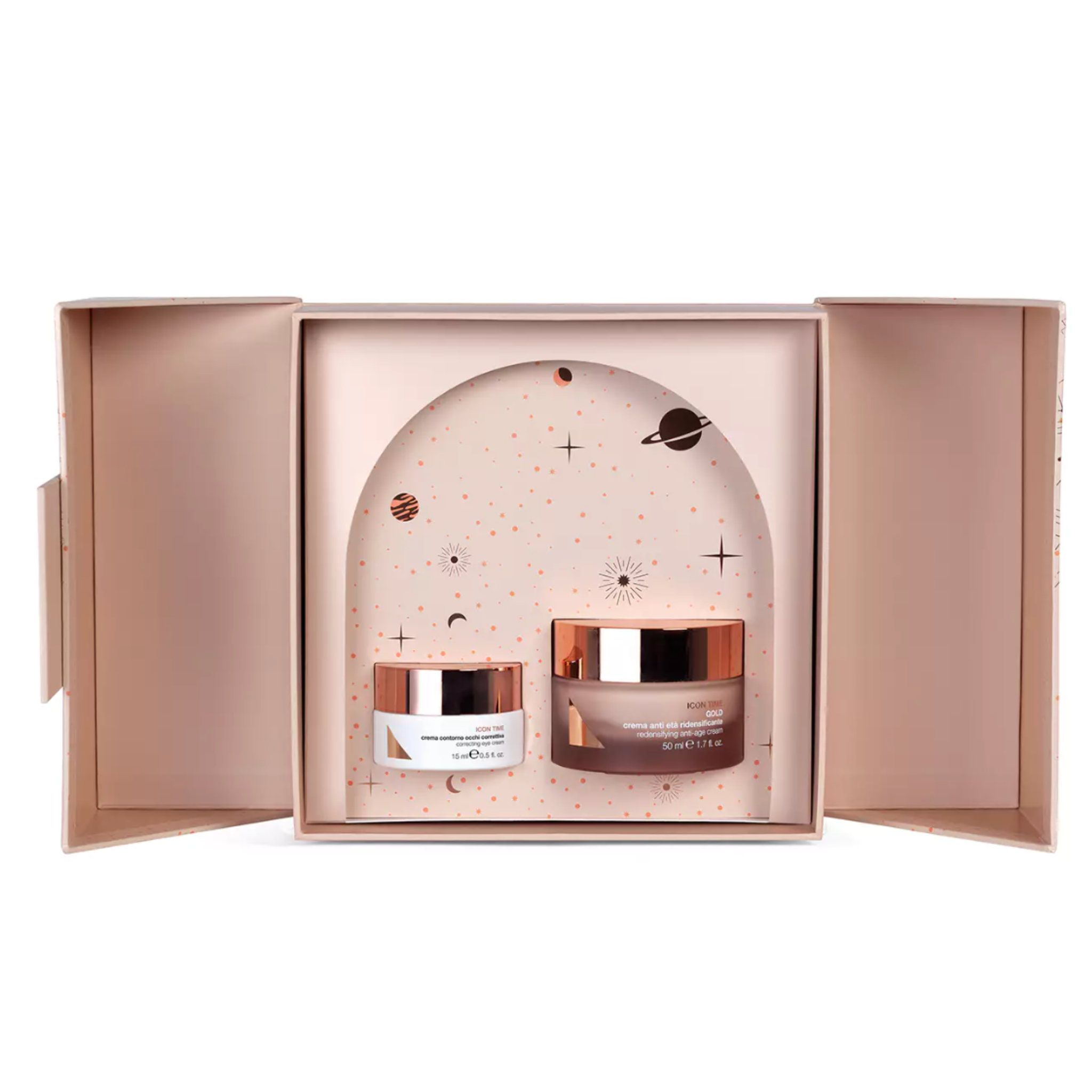 Two skincare products in a decorative box with celestial design