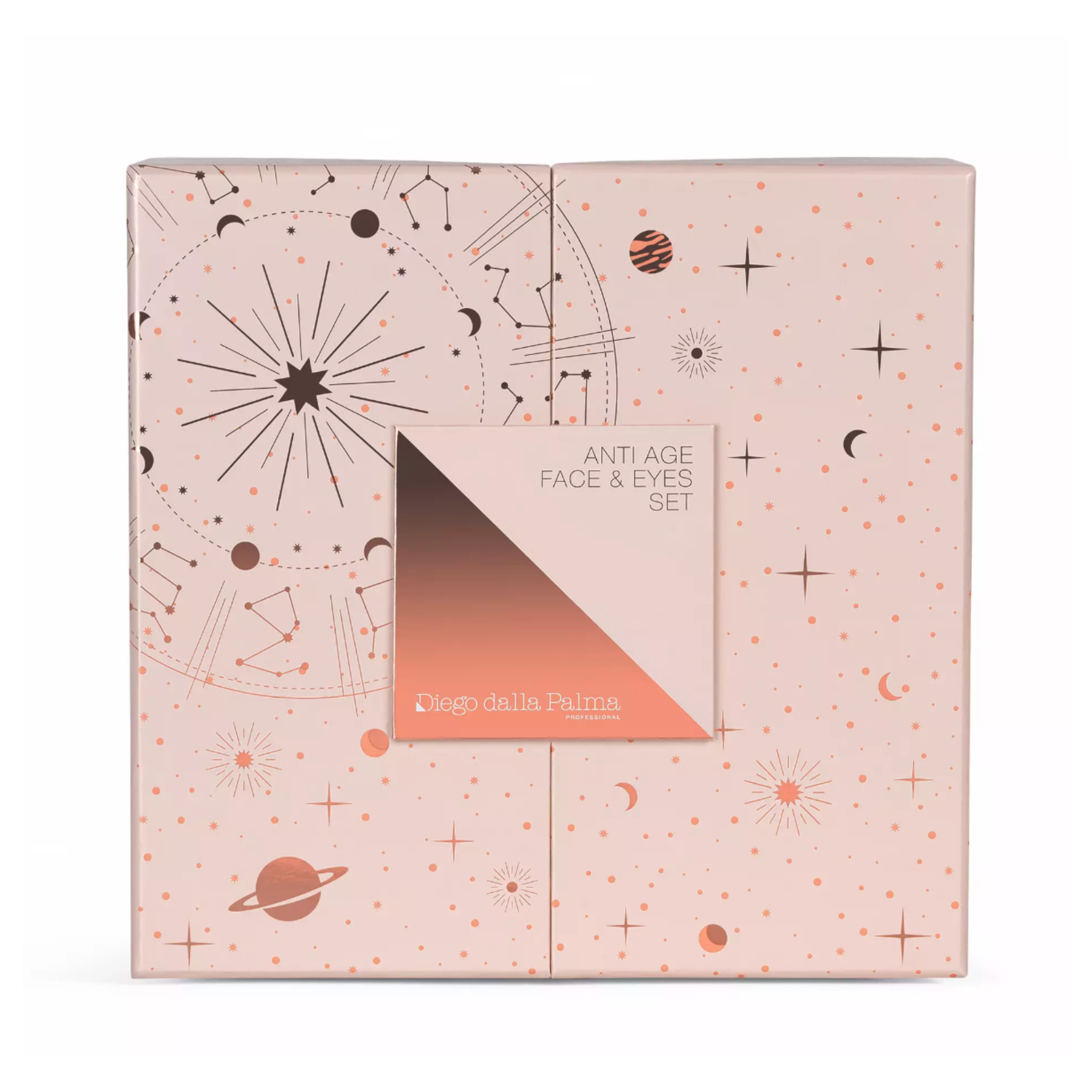 Cosmetic set packaging with star and moon designs on a white background