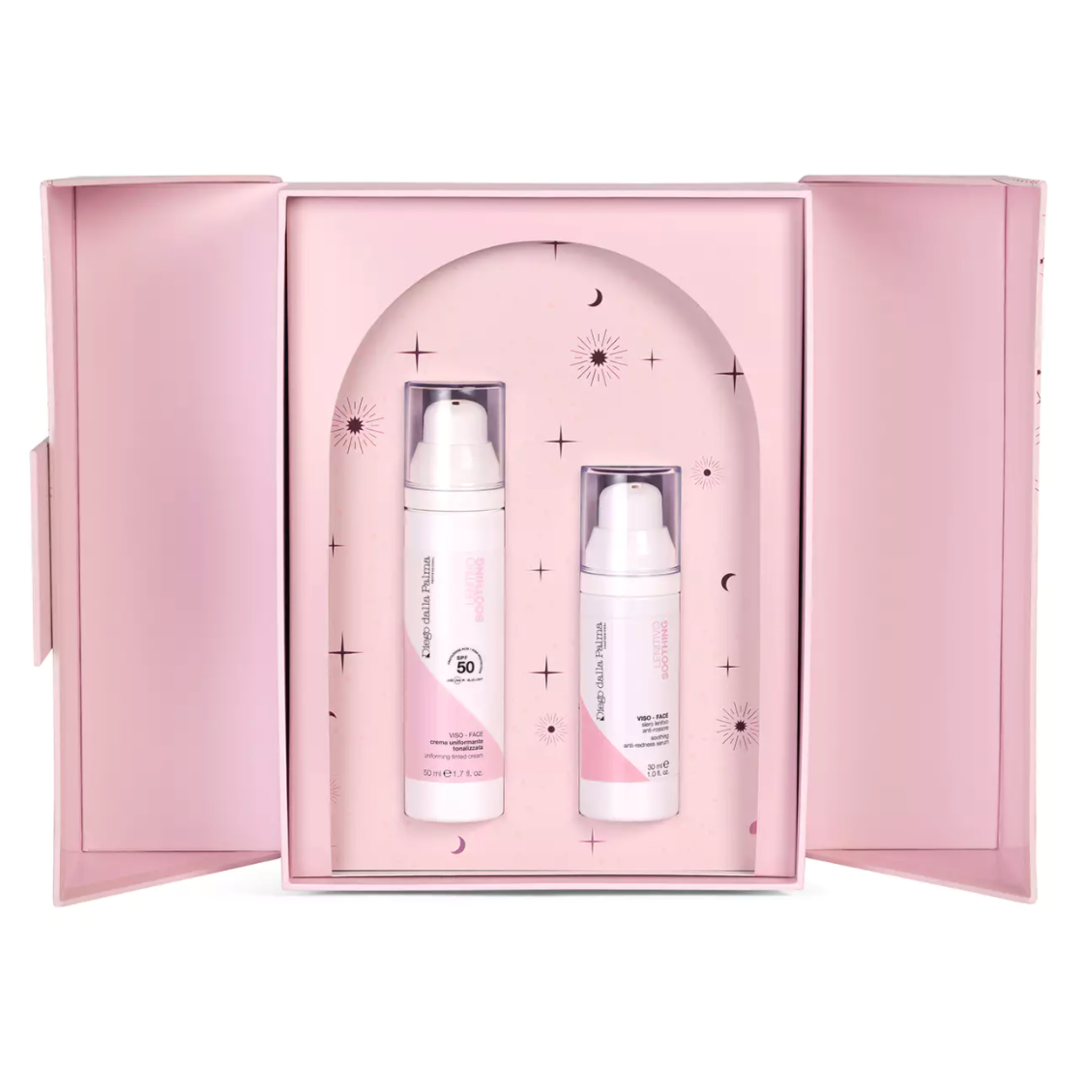 Two skincare products in a pink gift box with decorative elements.