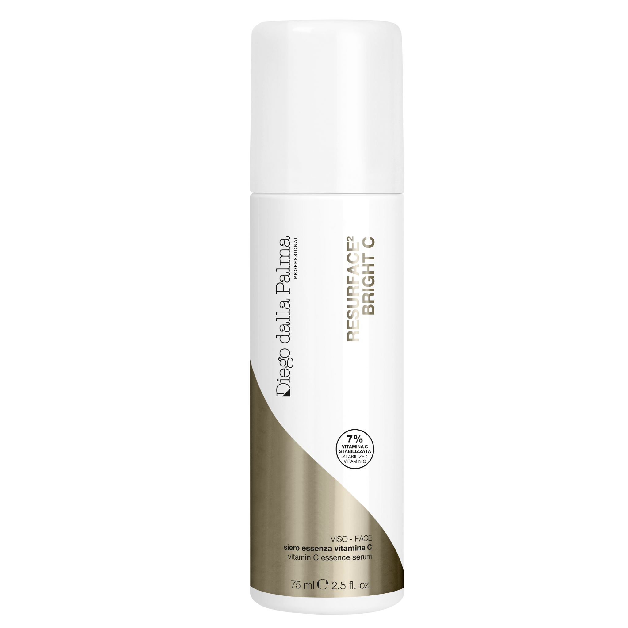Skincare bottle with white and gold design on a white background