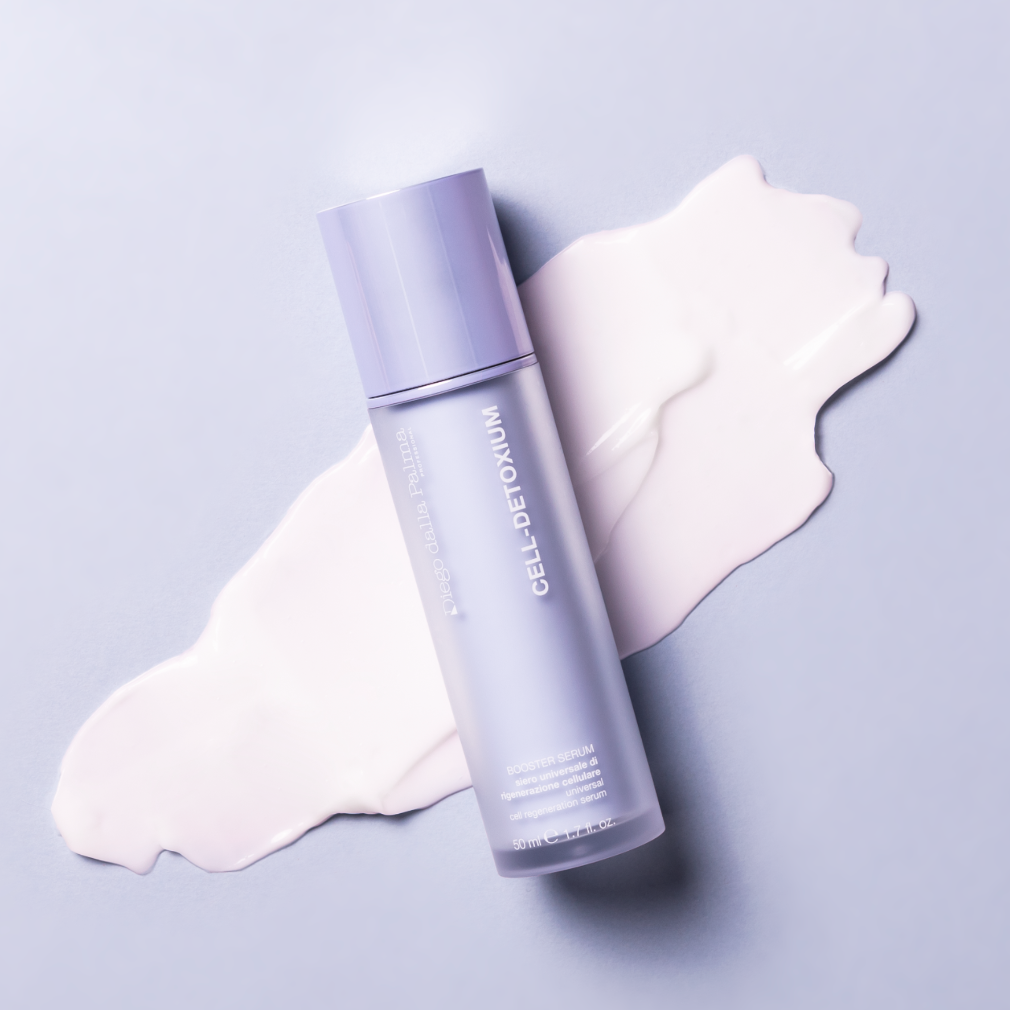 Skincare bottle labeled 'CELL-Detoxium' on a light purple background with a white serum smear.