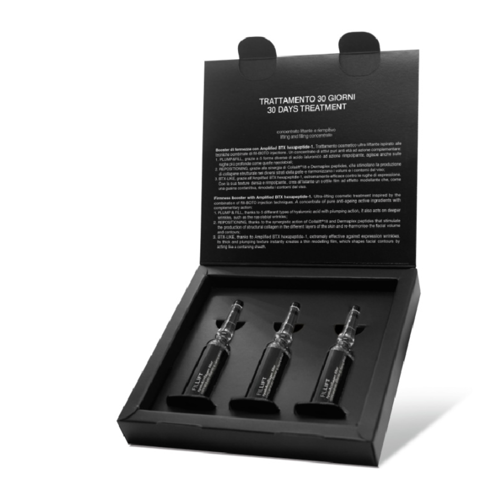 Black box with three small bottles inside, labeled 'Trattamento 30 Giorni' on a white background.