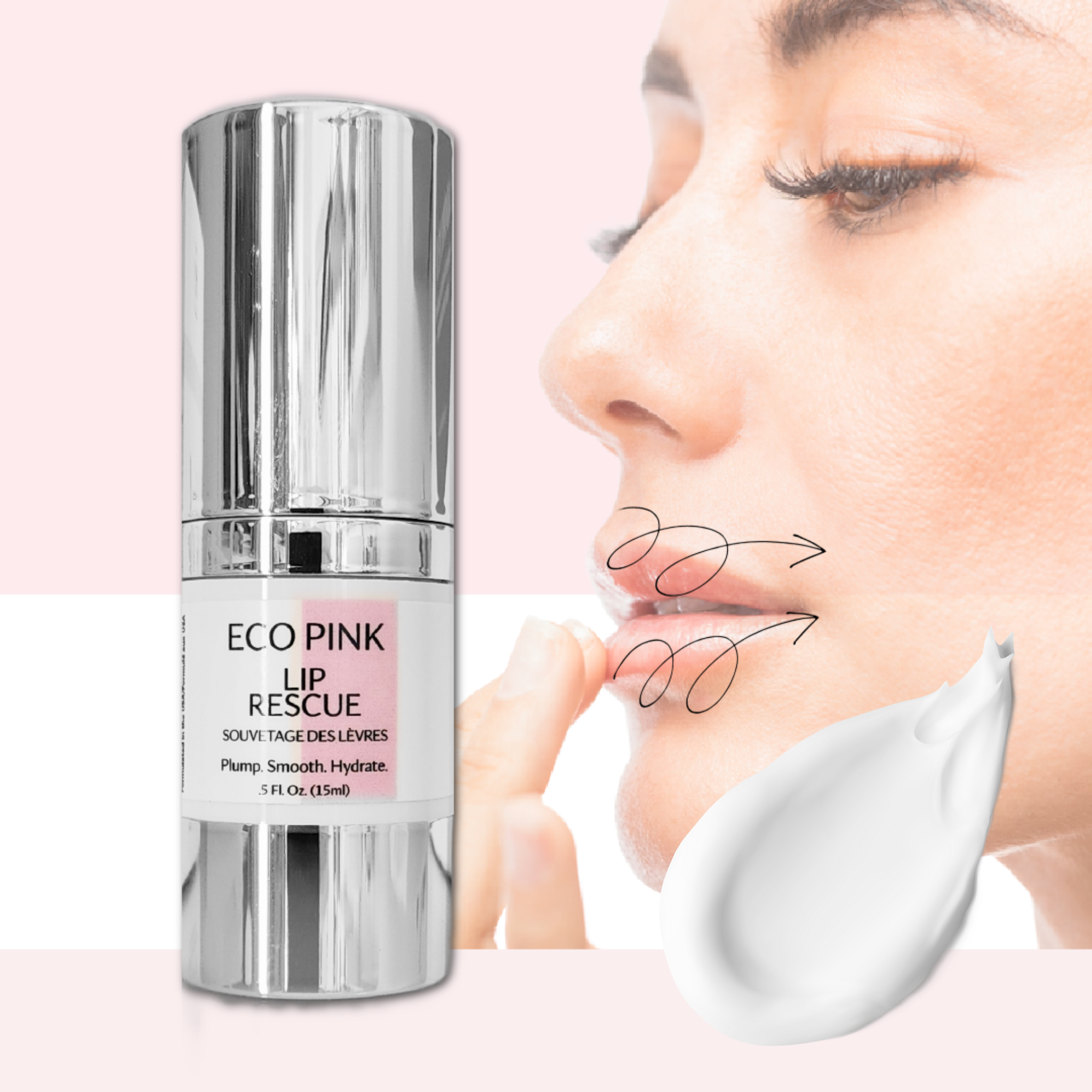 Lip rescue product with a close-up of lips and hand on a pink background