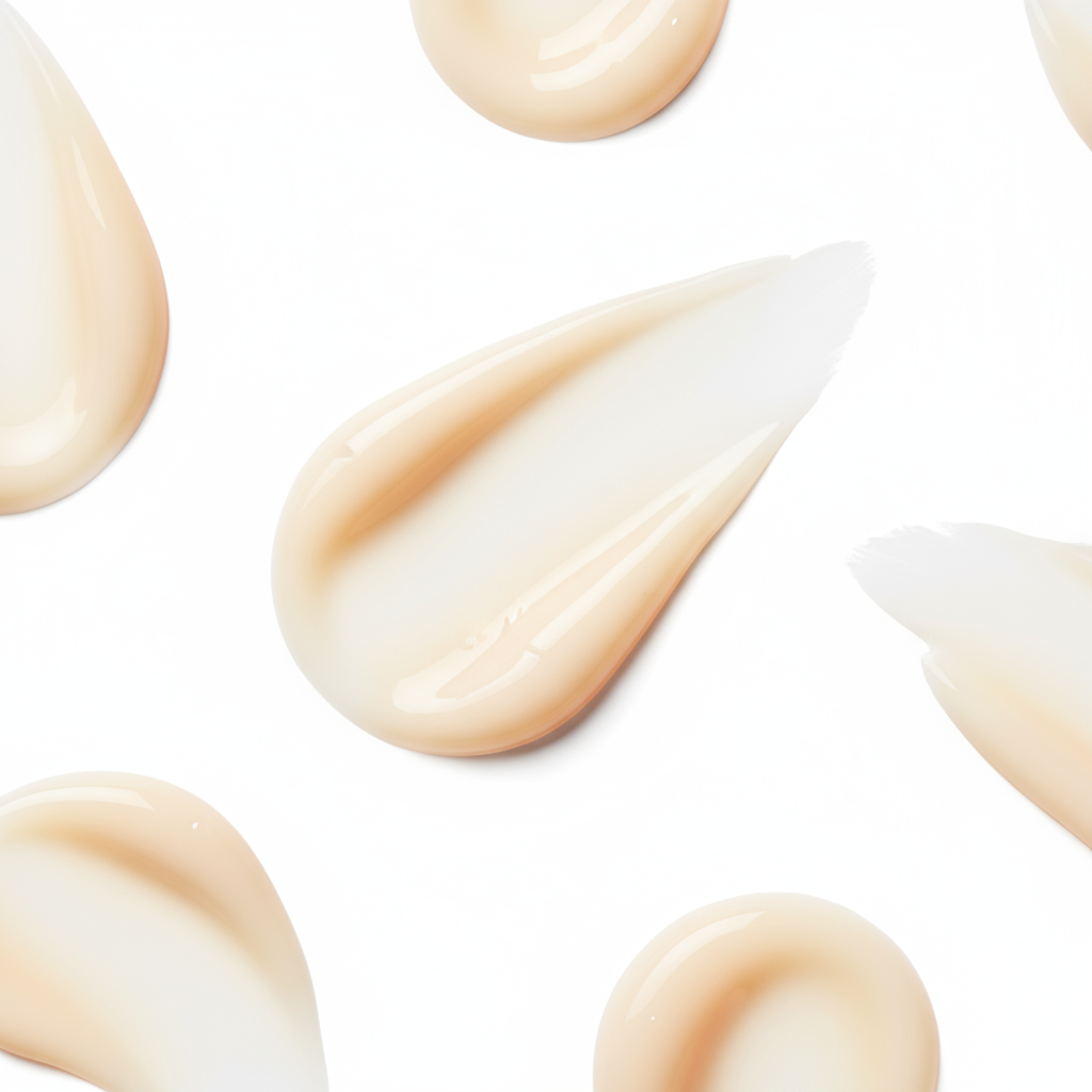 Flat lay of creamy beige serum drops