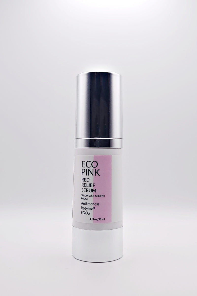 "Eco Pink Red Relief Serum 30ml - Professional comfort serum with seven clinically-studied ingredients including IBR CalmdeAge, Redyless, Eyeliss, and green tea EGCG for sensitive and delicate skin care, available at Pink Avenue Skin Care, Toronto, Canada