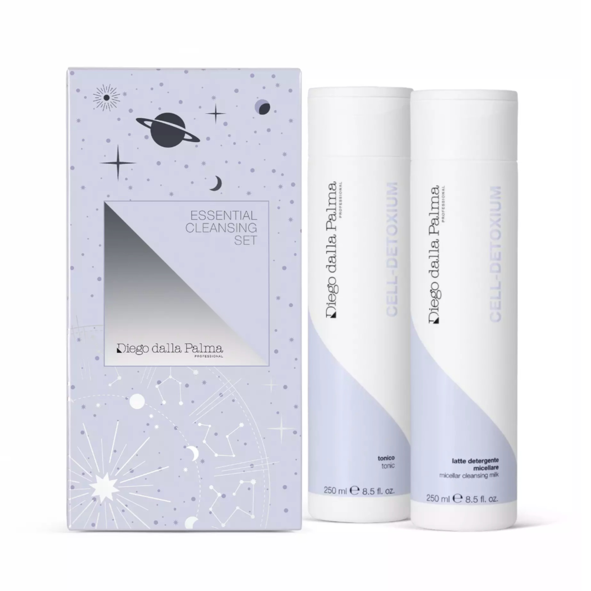 Diego Dalla Palma essential cleansing set with packaging and two bottles on a white background