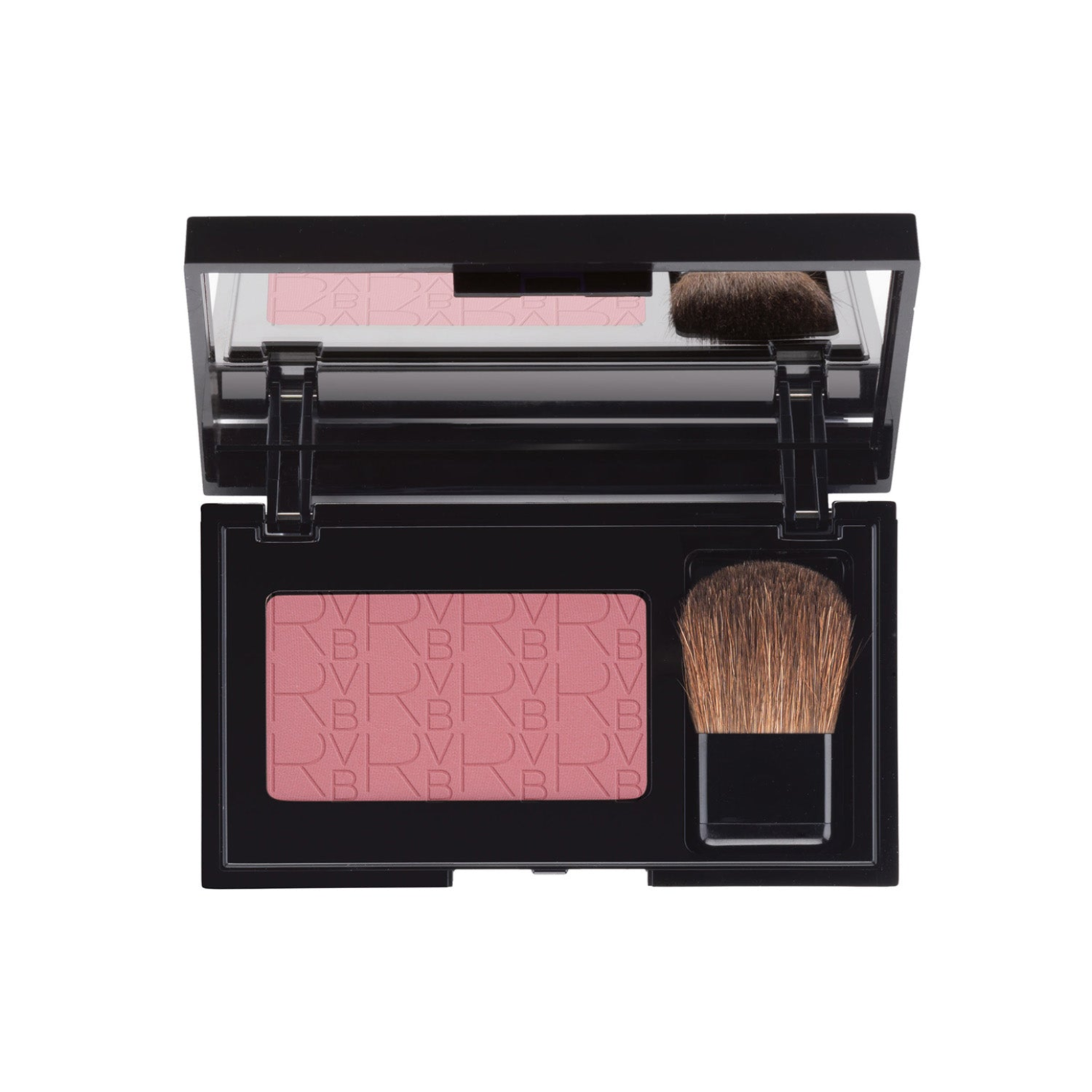 Makeup compact with pink blush and brush on a white background