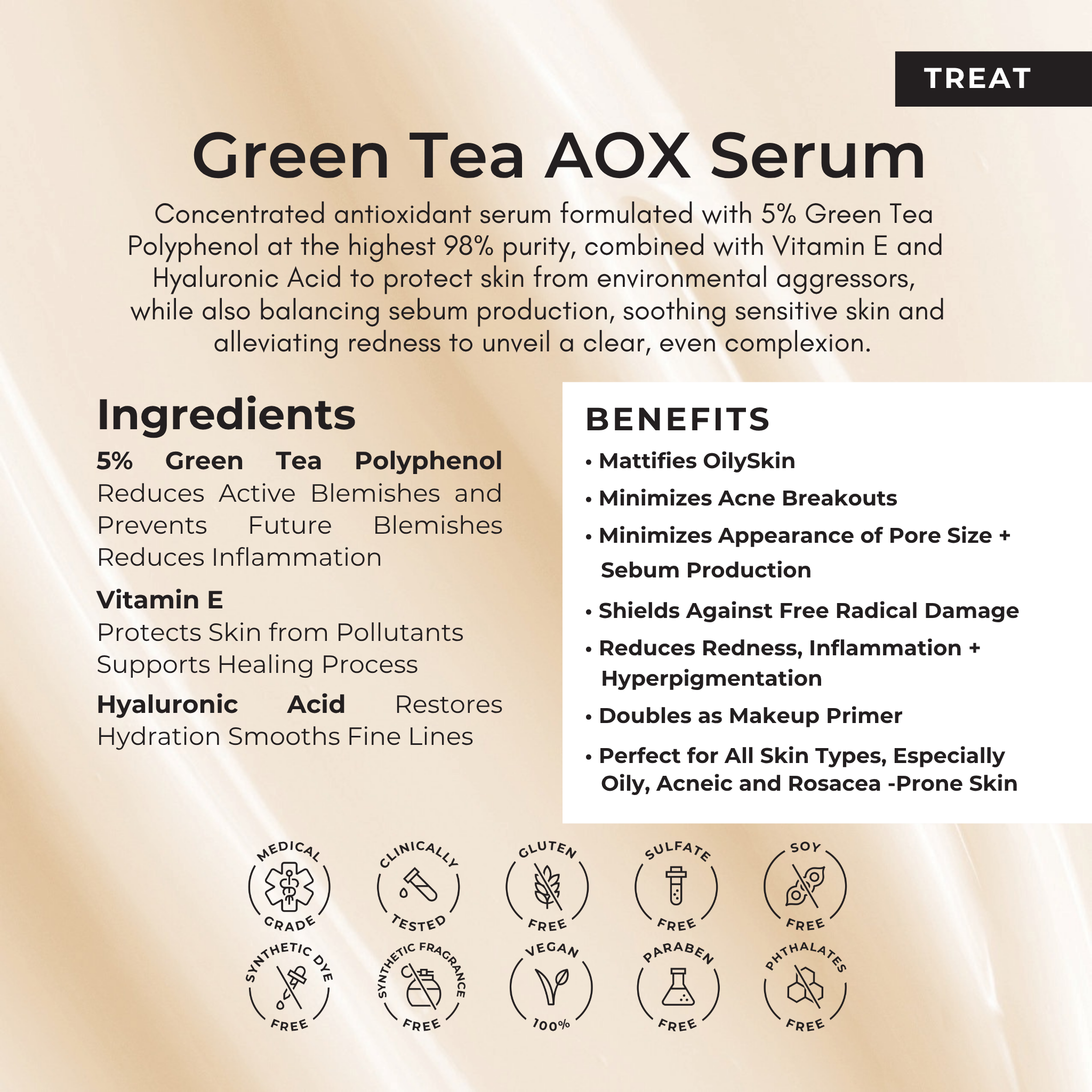 Green Tea AOX Serum information sheet with ingredients and benefits on a beige background.