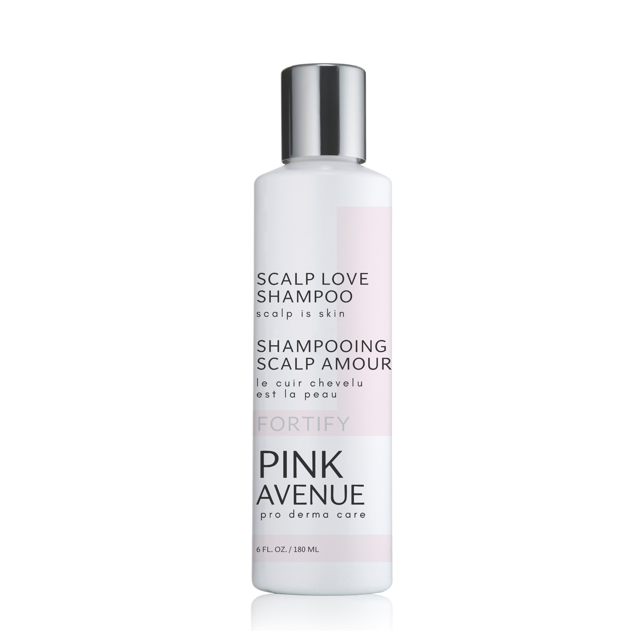 Bottle of Pink Avenue Scalp Love Shampoo on a white background