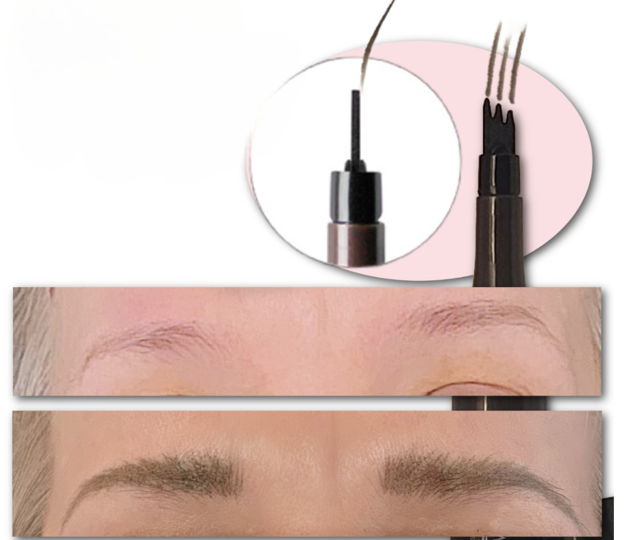 Before and after eyebrow styling with Pink Ave brow Styler pen"