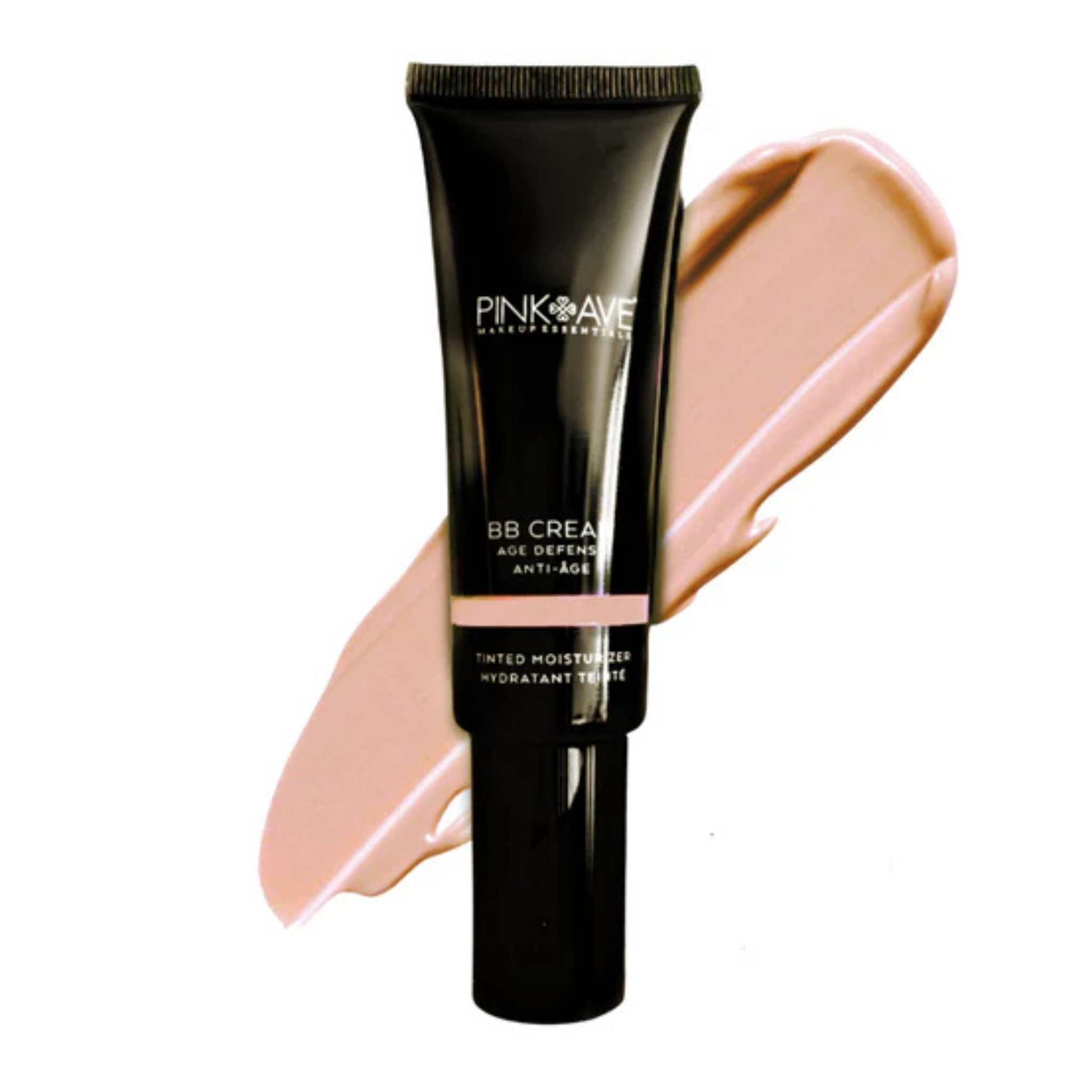 Black BB cream tube with pink cream swatch on a white background