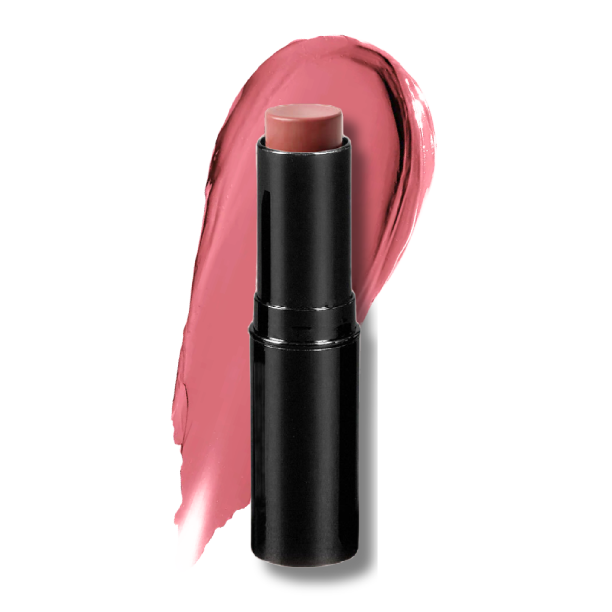 Lipstick with pink shade and black casing on a white background