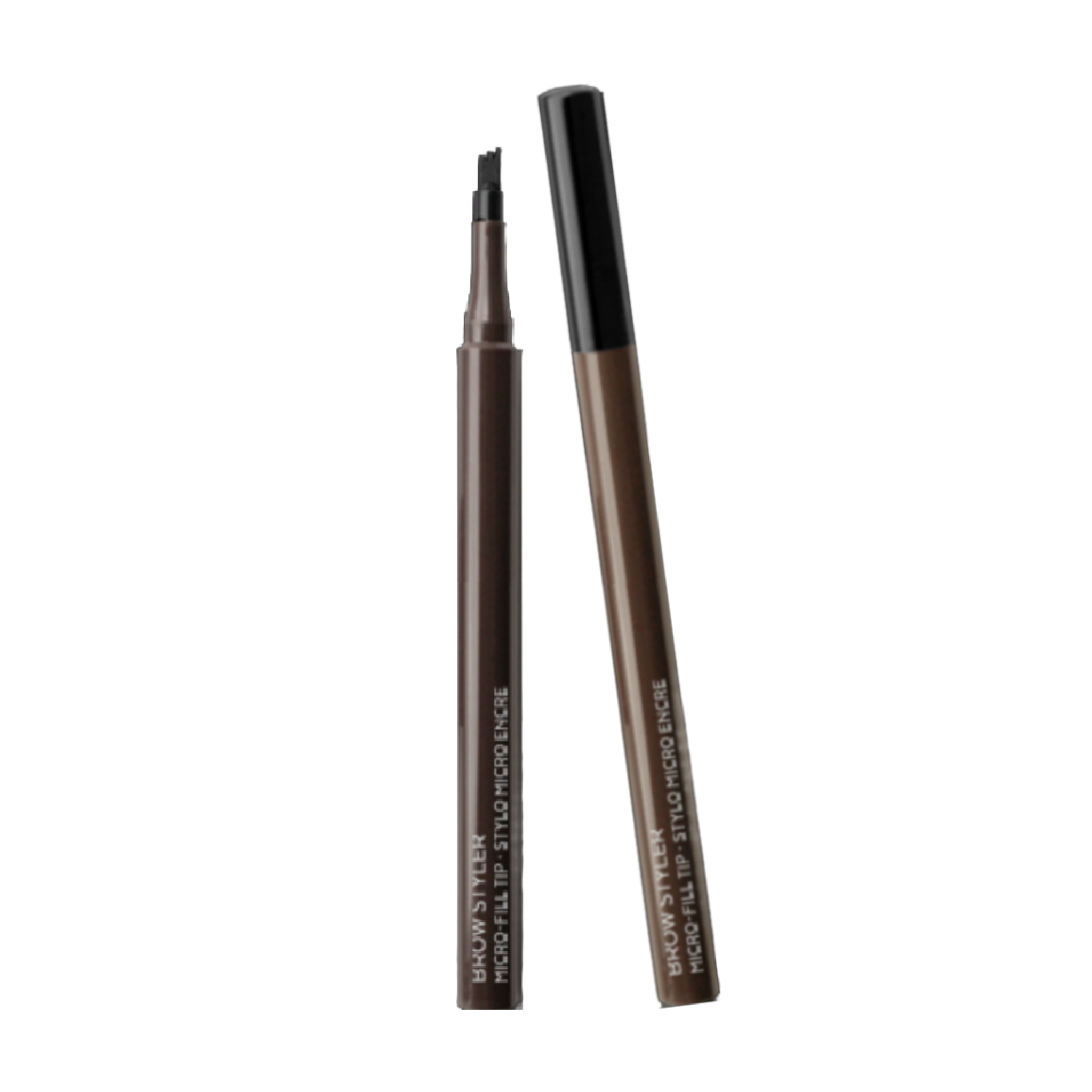 Two makeup pencils with black caps on a white background
