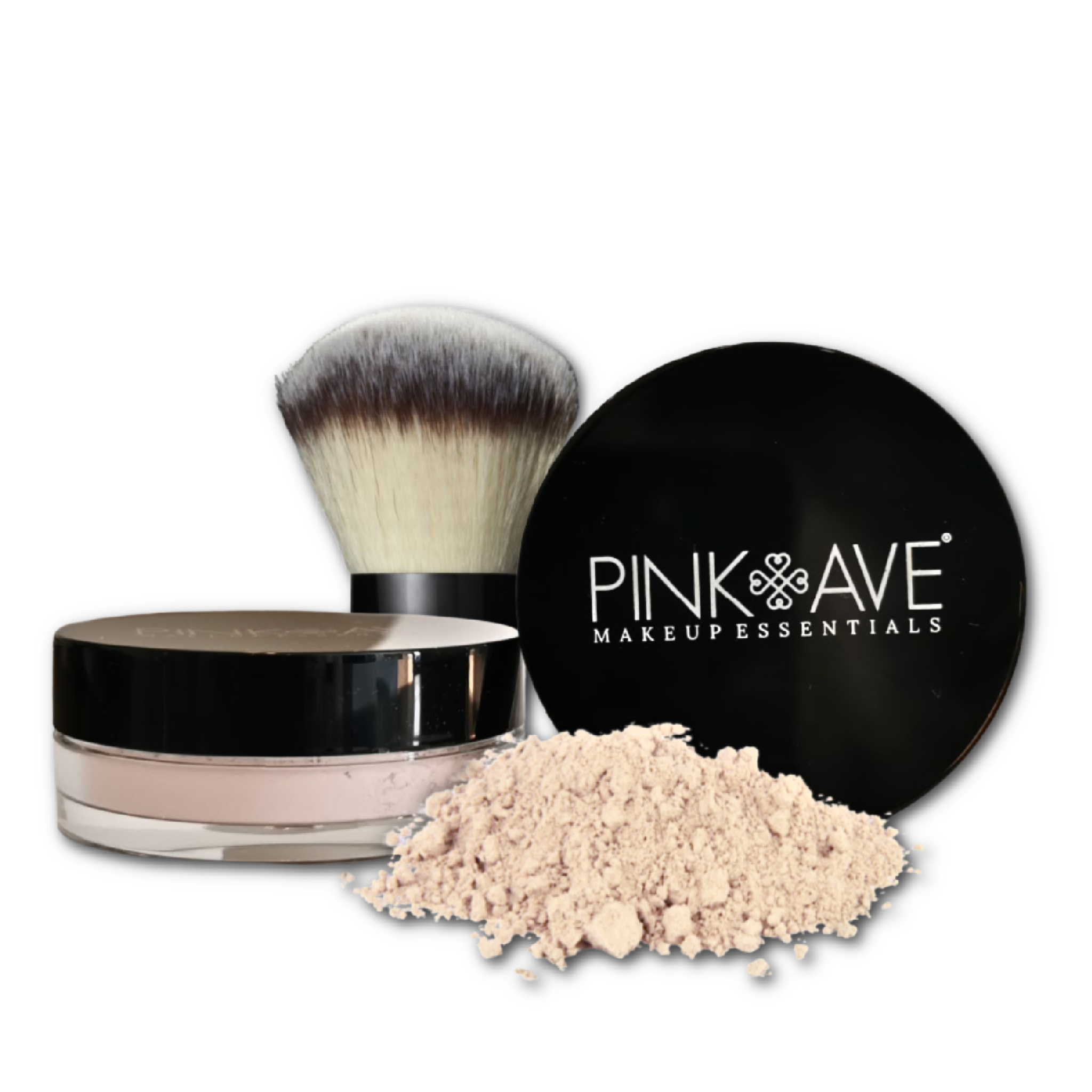 Pink Ave Mineral Powder with kabuki brush against a white backdrop