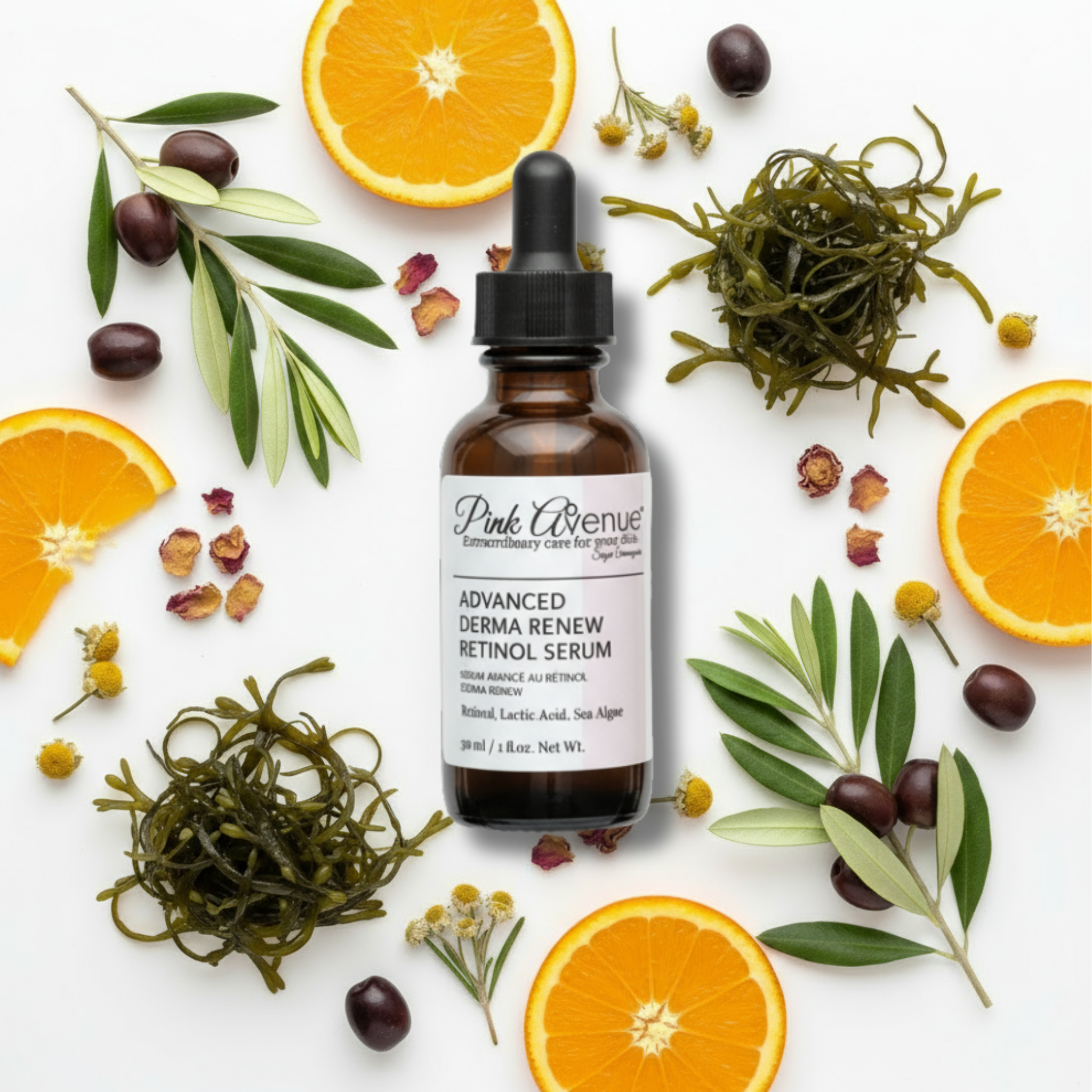 Bottle of Pink Avenue serum surrounded by oranges, olives, and seaweed on a white background