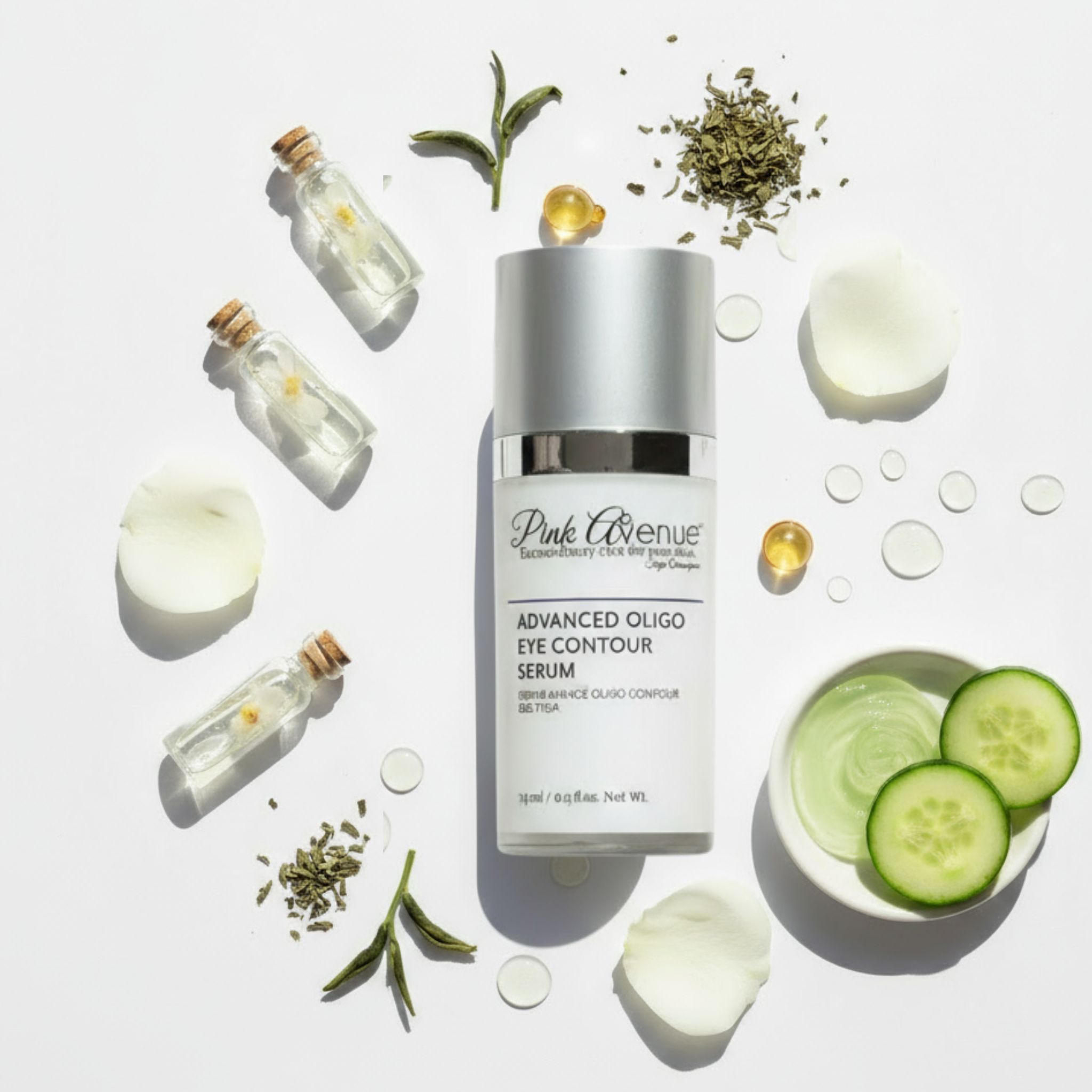 Pink Avenue eye contour serum with natural ingredients on a white background