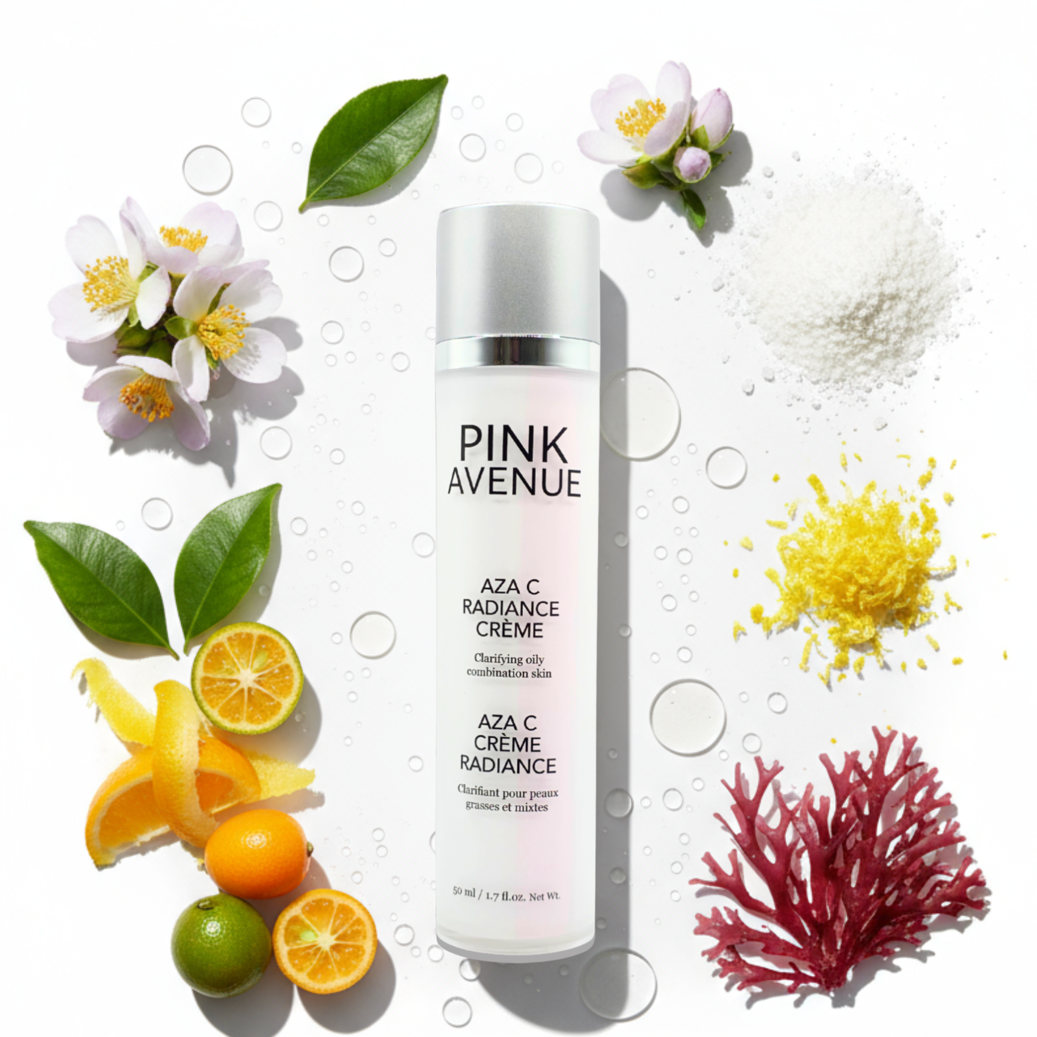 Pink Avenue Aza C Radiance Crème bottle with natural elements like flowers, fruits, and coral on a white background