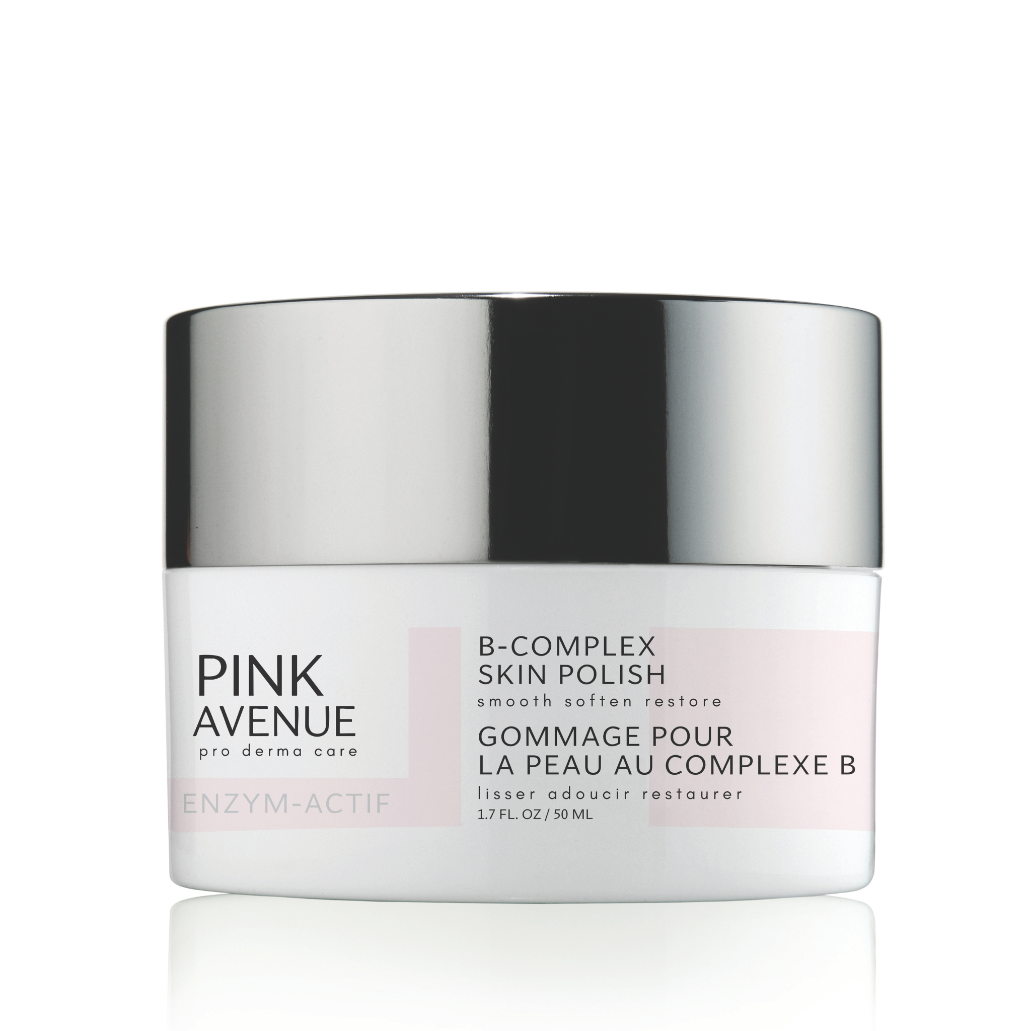 Pink Avenue skincare product with silver lid on a white background