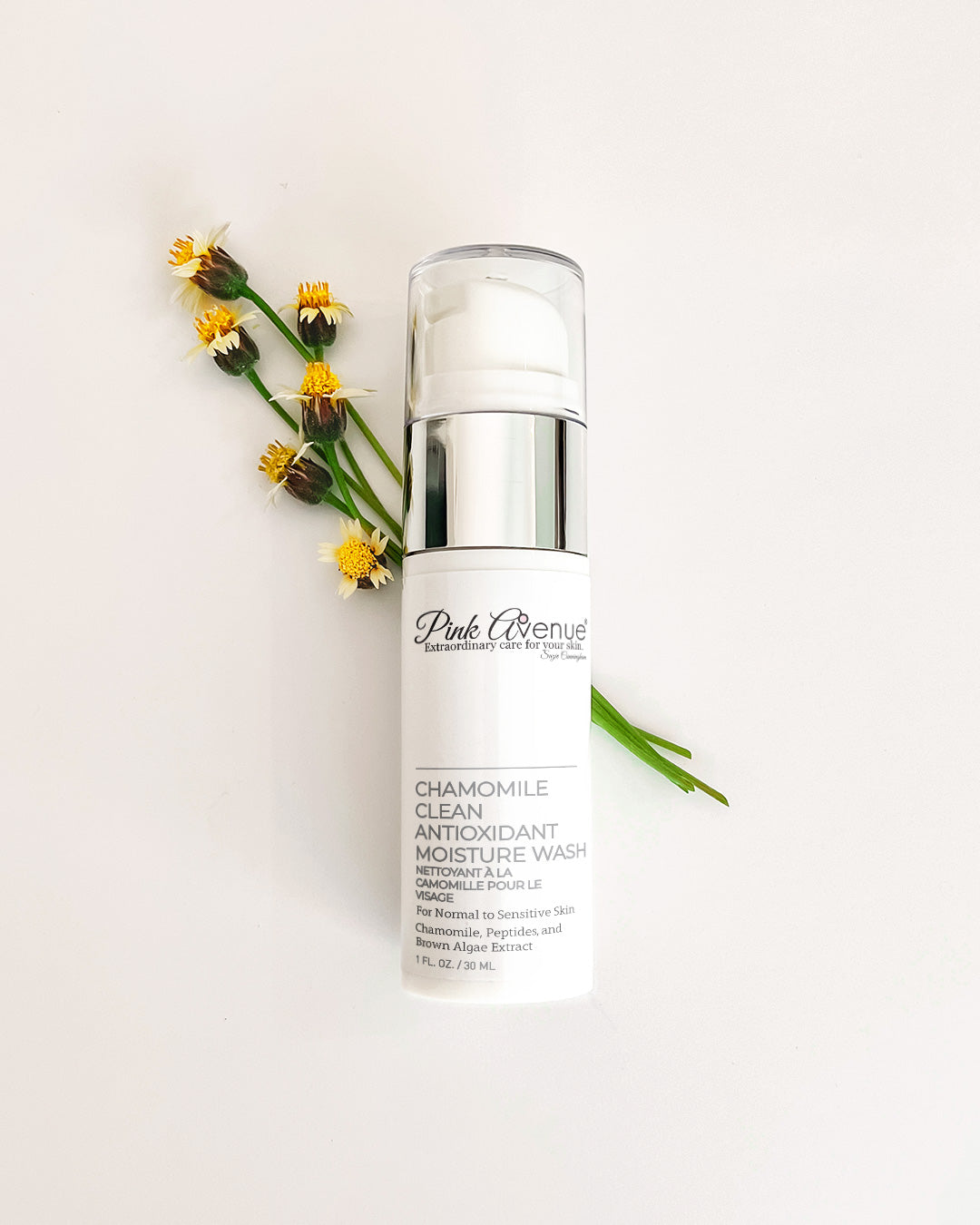 Pink Avenue Chamomile Clean moisturizing Gel Cleanser, peptides, brown algae for dry, sensitive skin. Travel size.