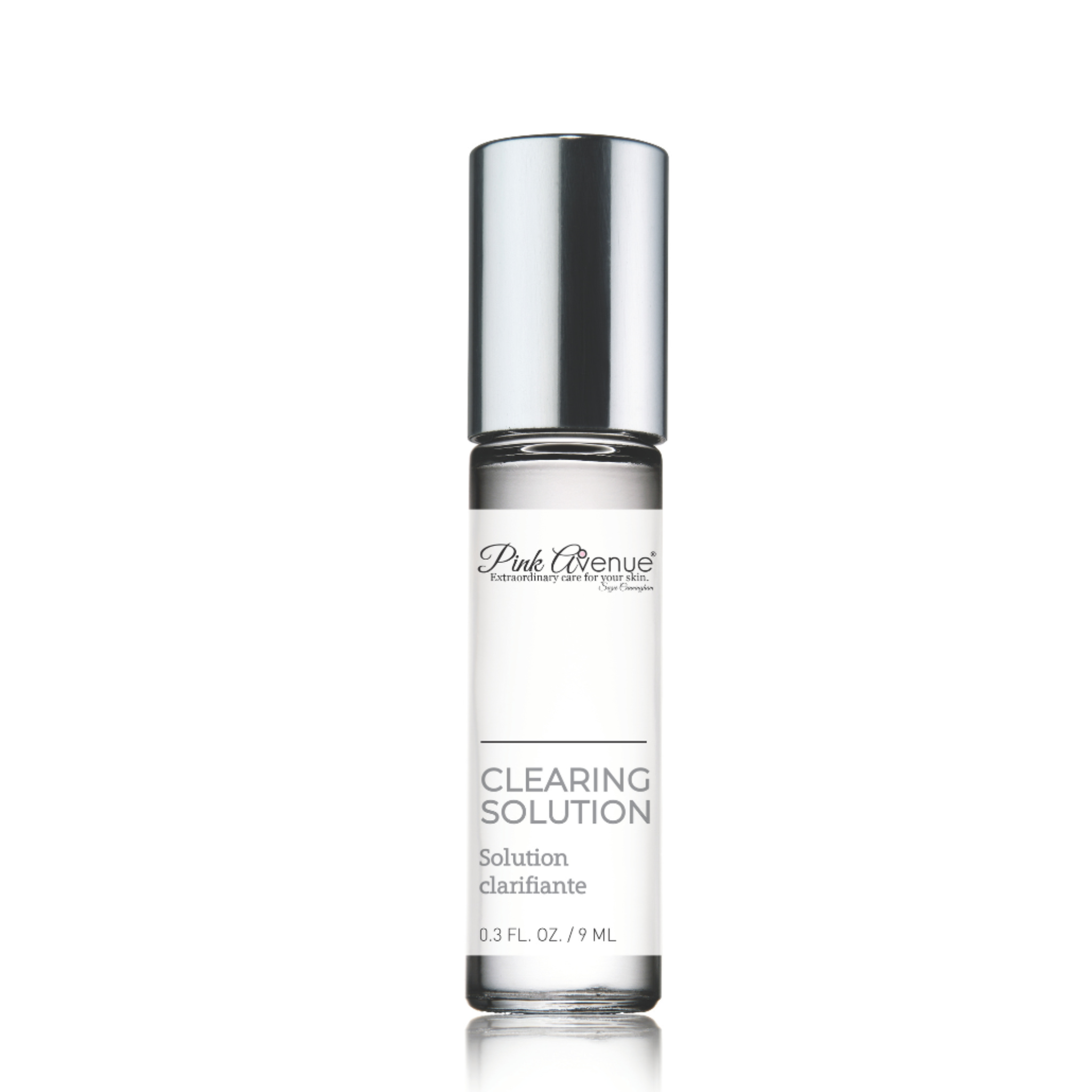 Clearing Solution bottle with silver cap on a white background