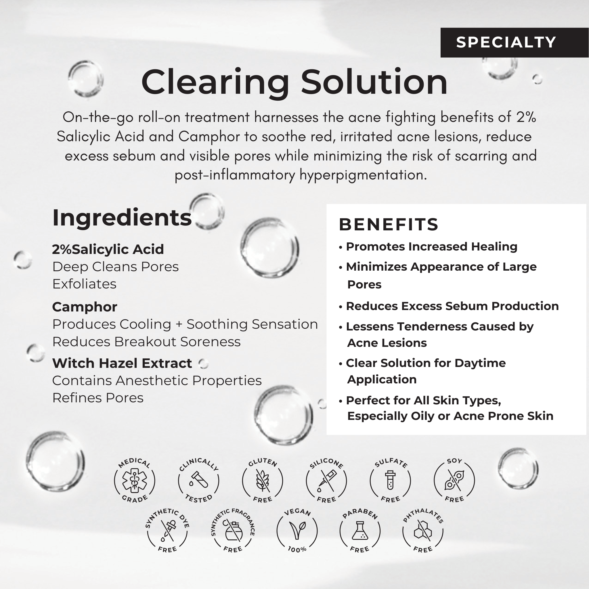 Clearing Solution product description with ingredients and benefits on a white background