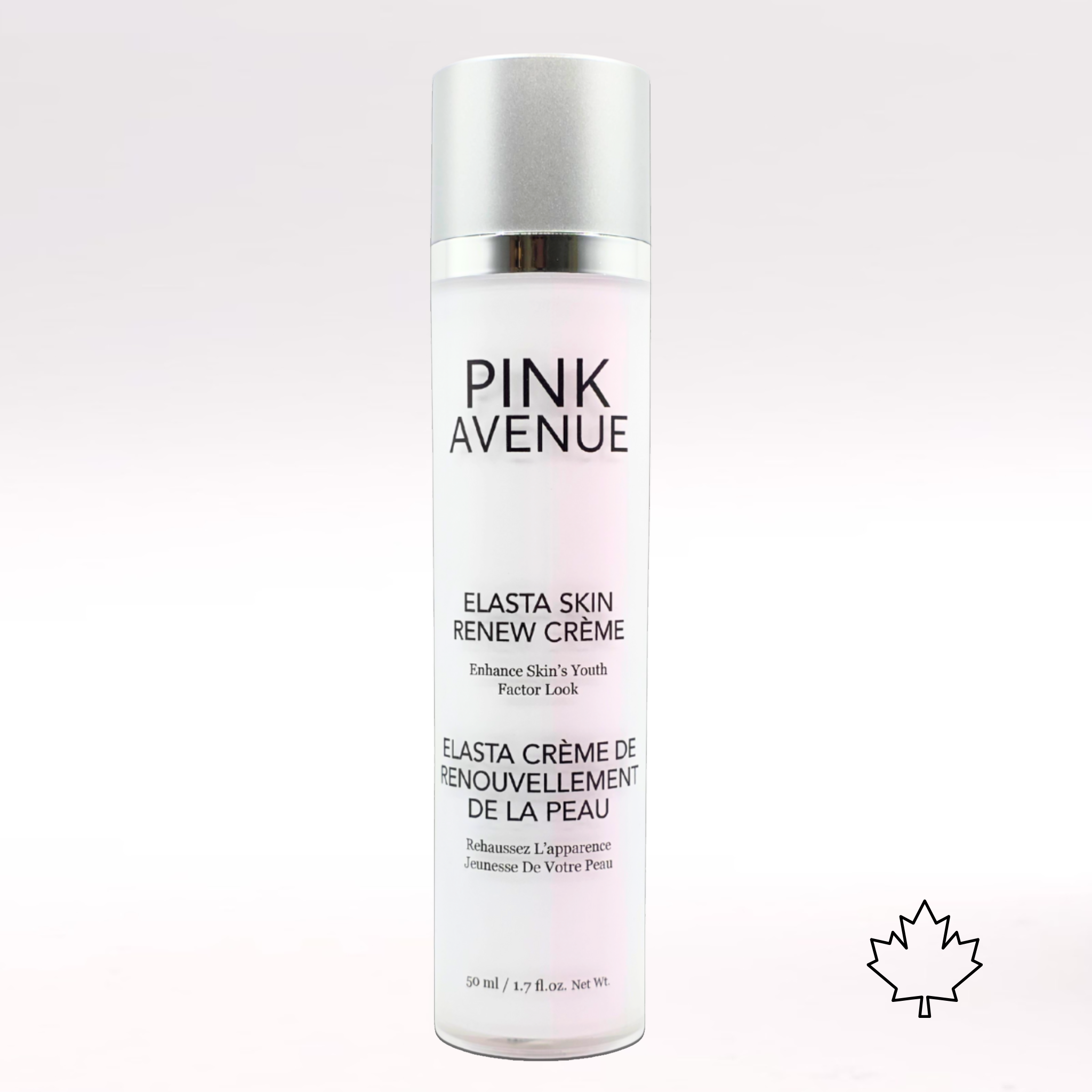 Pink Avenue Elasta Skin Renew Creme bottle on a white background