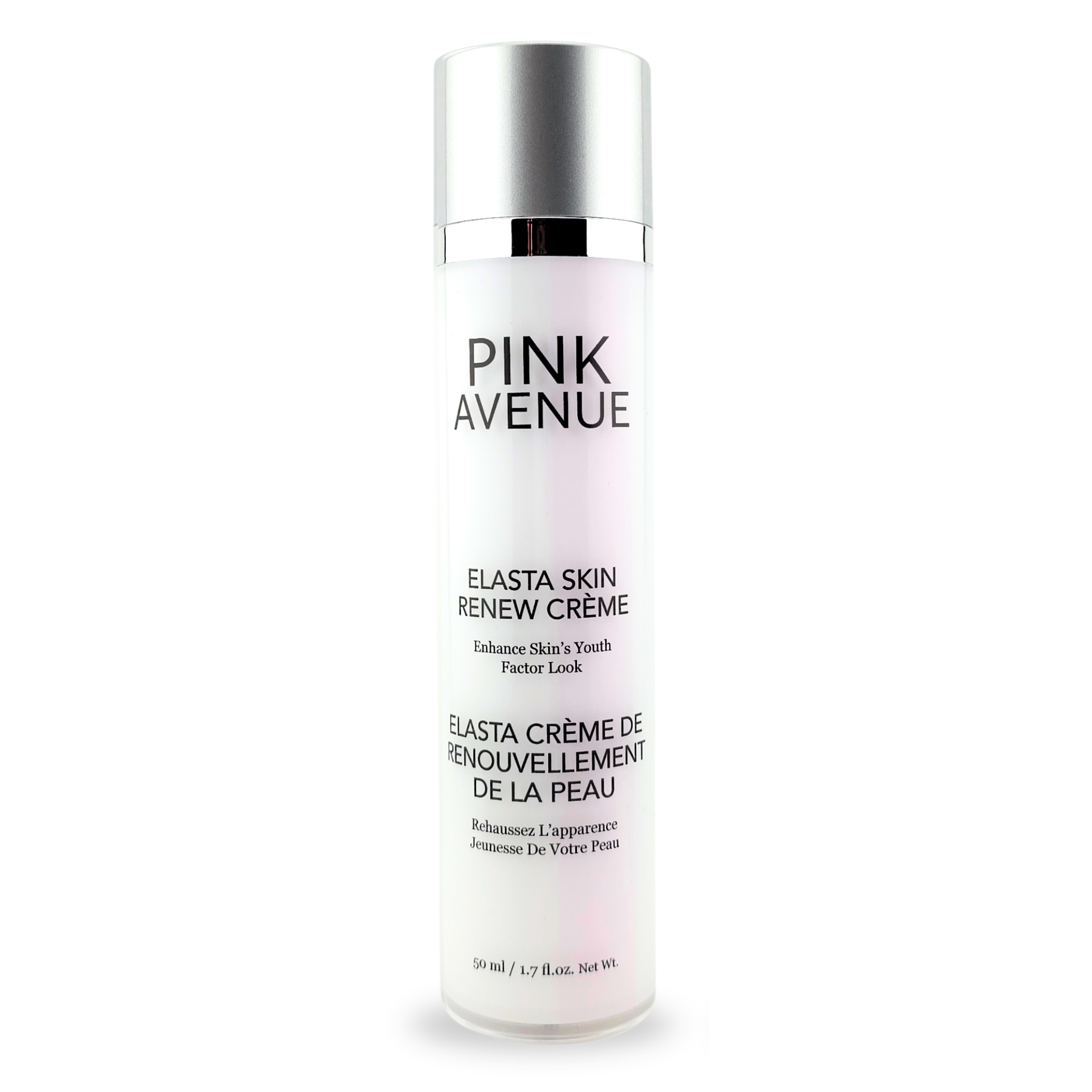 Pink Avenue Elasta Skin Renew Creme in a white cylindrical bottle with a metallic silver cap, shown on a clean white background.