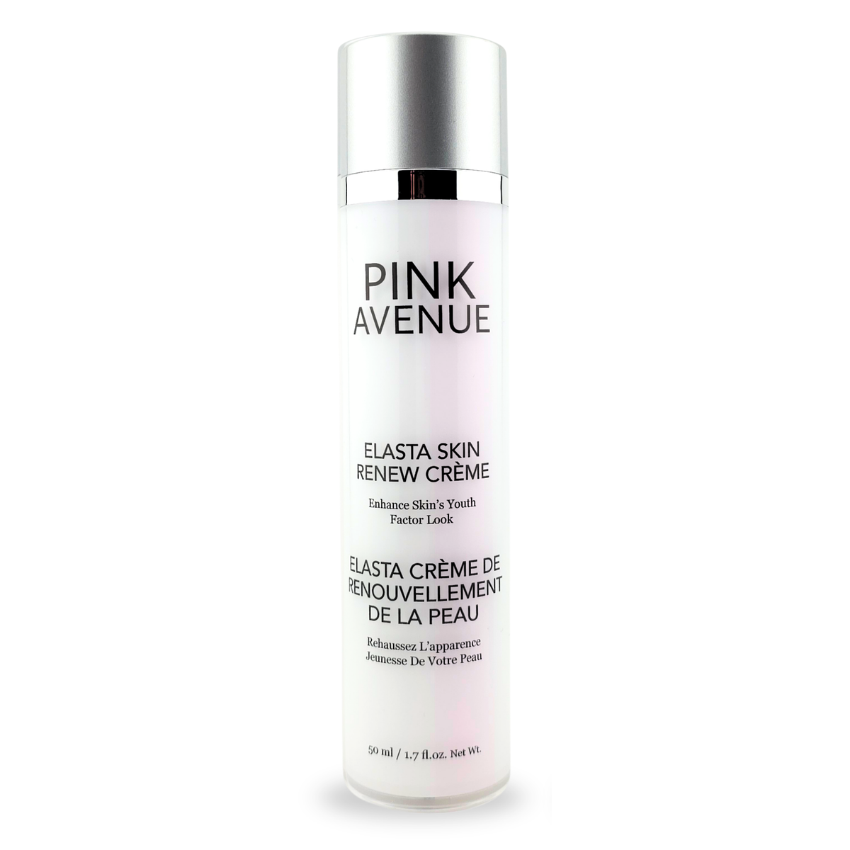 Pink Avenue Elasta Skin Renew Creme in a white cylindrical bottle with a metallic silver cap, shown on a clean white background.