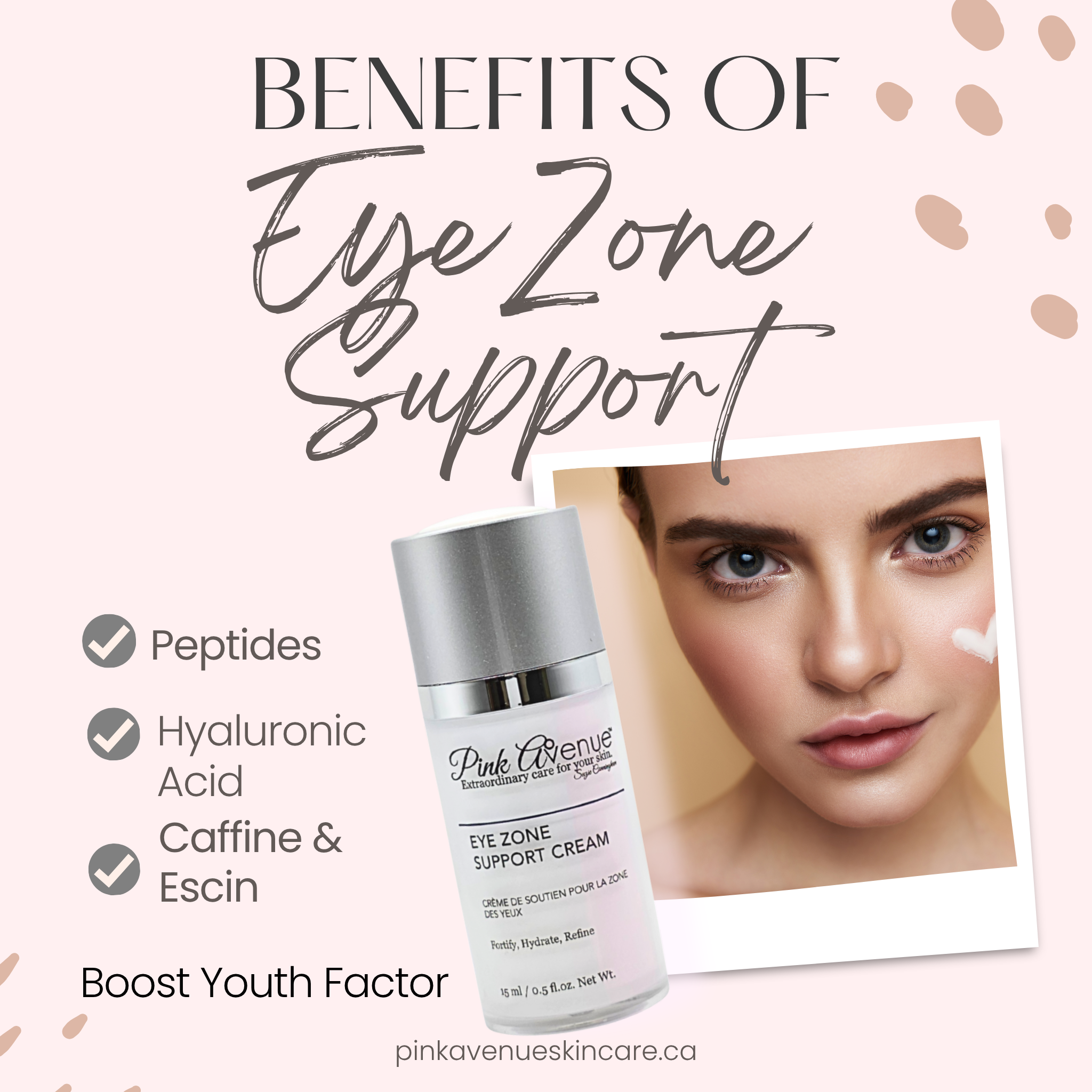 Advertisement for Pink Avenue eye zone support cream with a bottle and a woman's face.