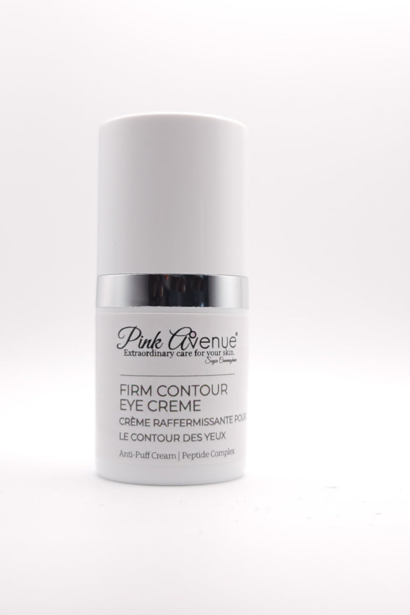 Pink Avenue Firm Contour Eye Cream, a medical-grade eye moisturizer formulated for all skin types. Contains peptides such as Palmitoyl Tetrapeptide-7 and Dipeptide-2, with Algae Extract, Sea Whip Extract, and Hesperidin Methyl Chalcone. Glycerin and Butylene Glycol support hydration. Formulated to improve the appearance of the eye area, including skin texture and visible signs of fatigue. Suitable for use around the delicate eye contour.