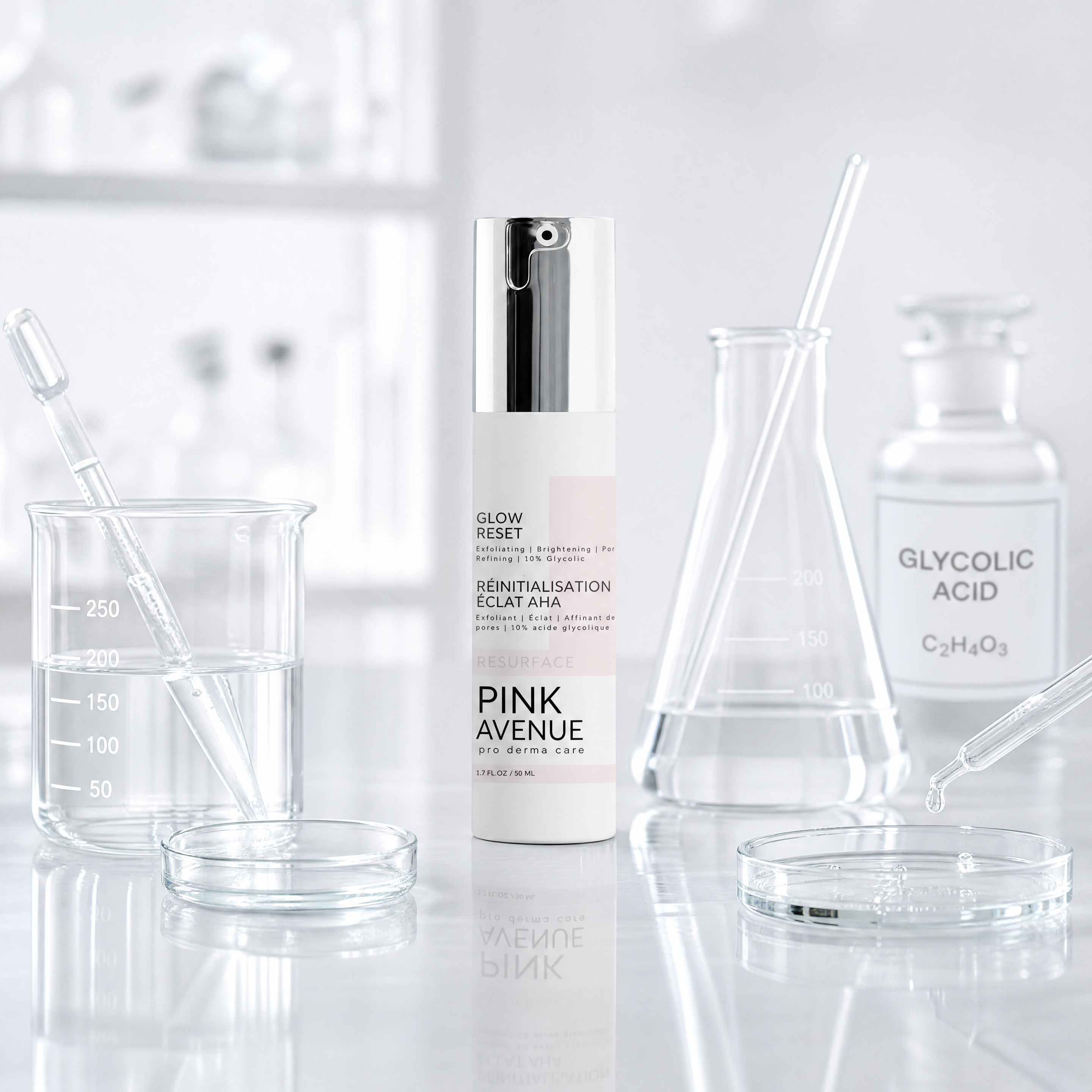 Skincare bottle labeled 'Pink Avenue' with laboratory equipment on a white background