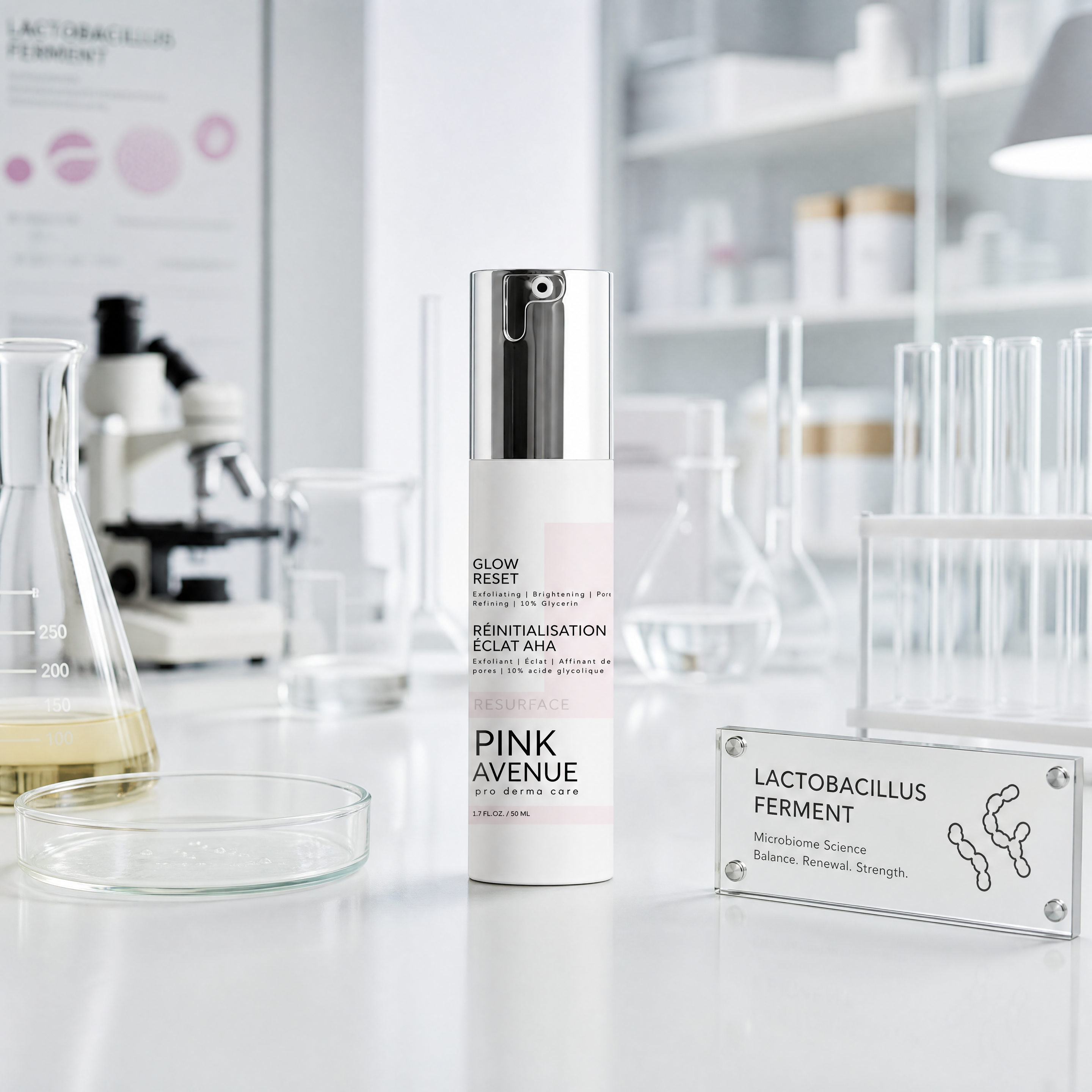 Skincare bottle labeled 'Pink Avenue' on a white surface with laboratory equipment in the background