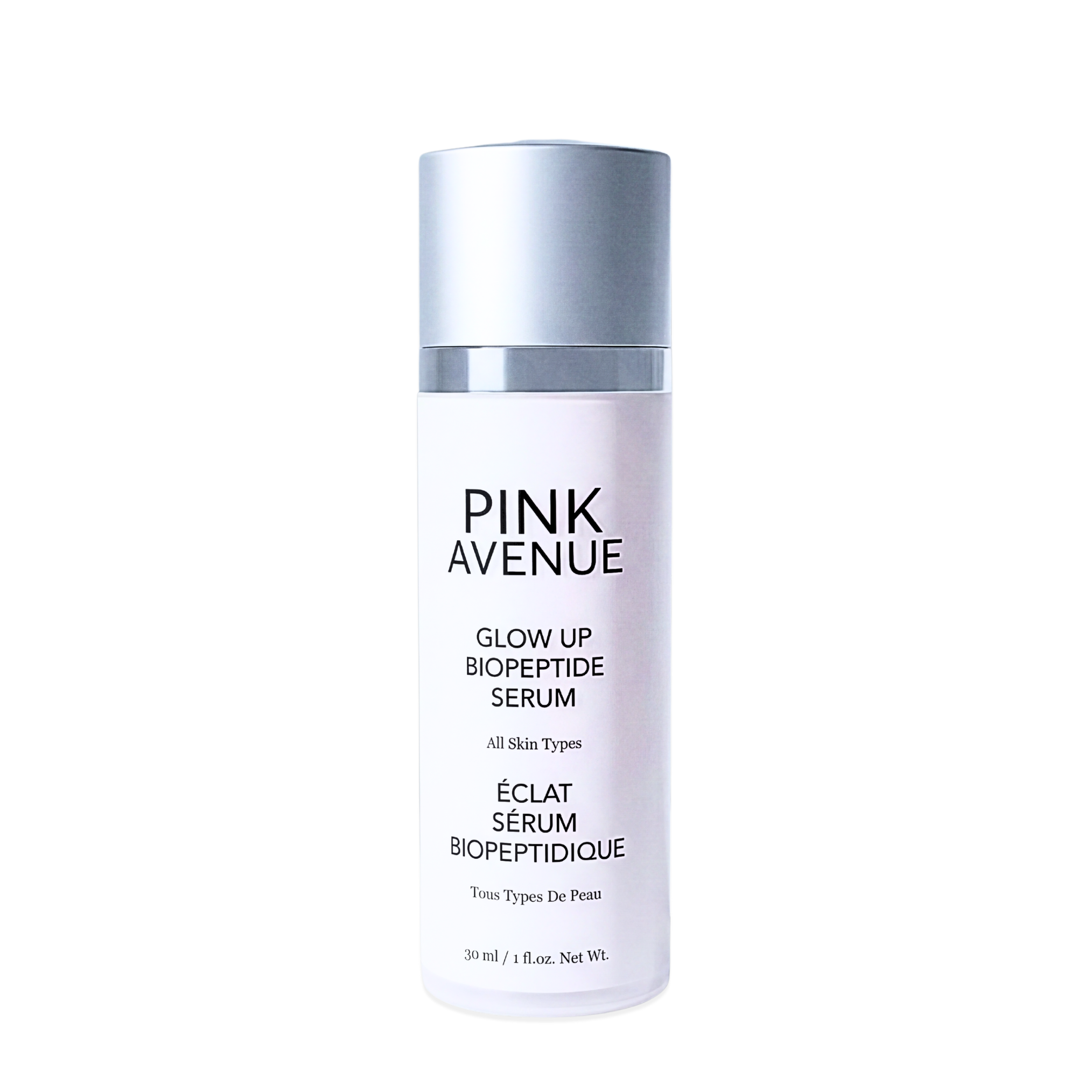 Pink Avenue Glow Up Biopeptide Serum bottle on a white background