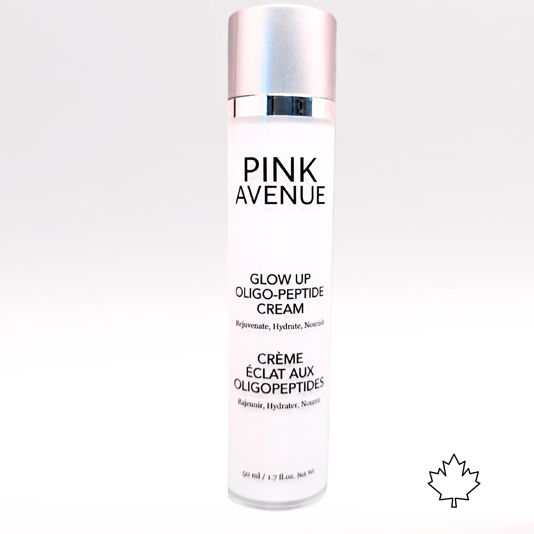 Pink Avenue Glow Up Oligo-Peptide Cream bottle on a white background