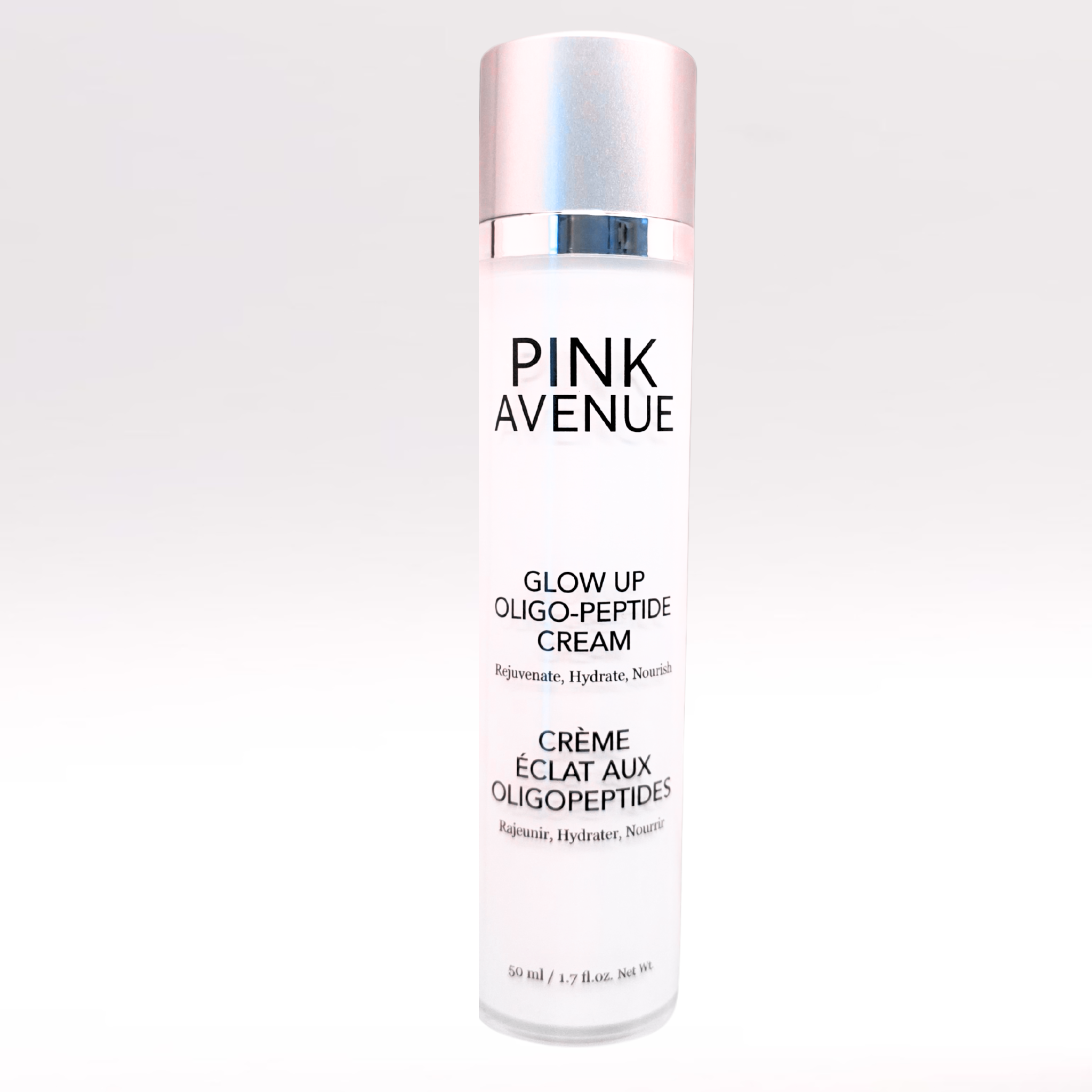 Pink Avenue skincare cream bottle on a white background