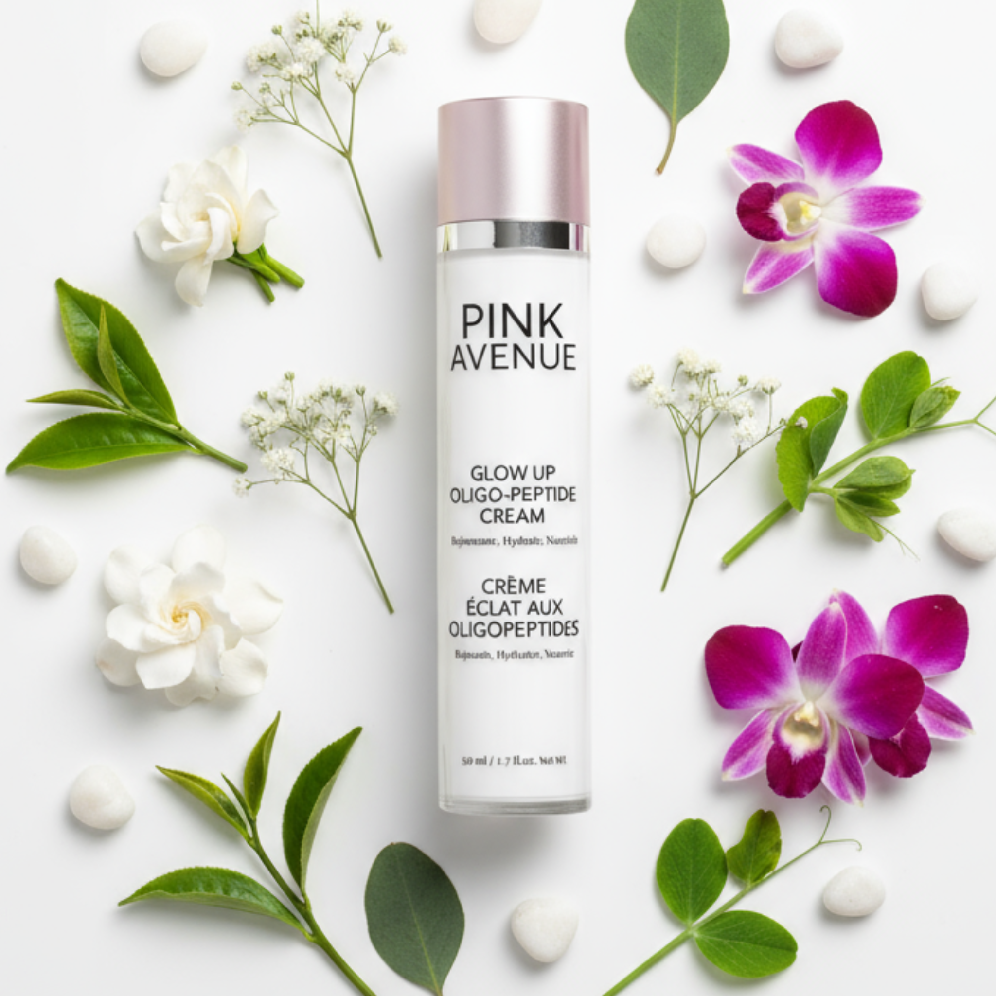 Pink Avenue skincare cream bottle surrounded by flowers and leaves on a white background
