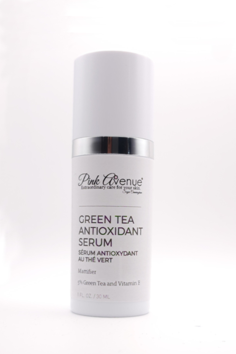 Pink Avenue Green Tea Antioxidant Serum 30ml - dermatologist formulated antioxidant serum with 5% green tea extract and hyaluronic acid for calming skin and reducing redness appearance, available at Pink Avenue Skin Care, Toronto, Canada