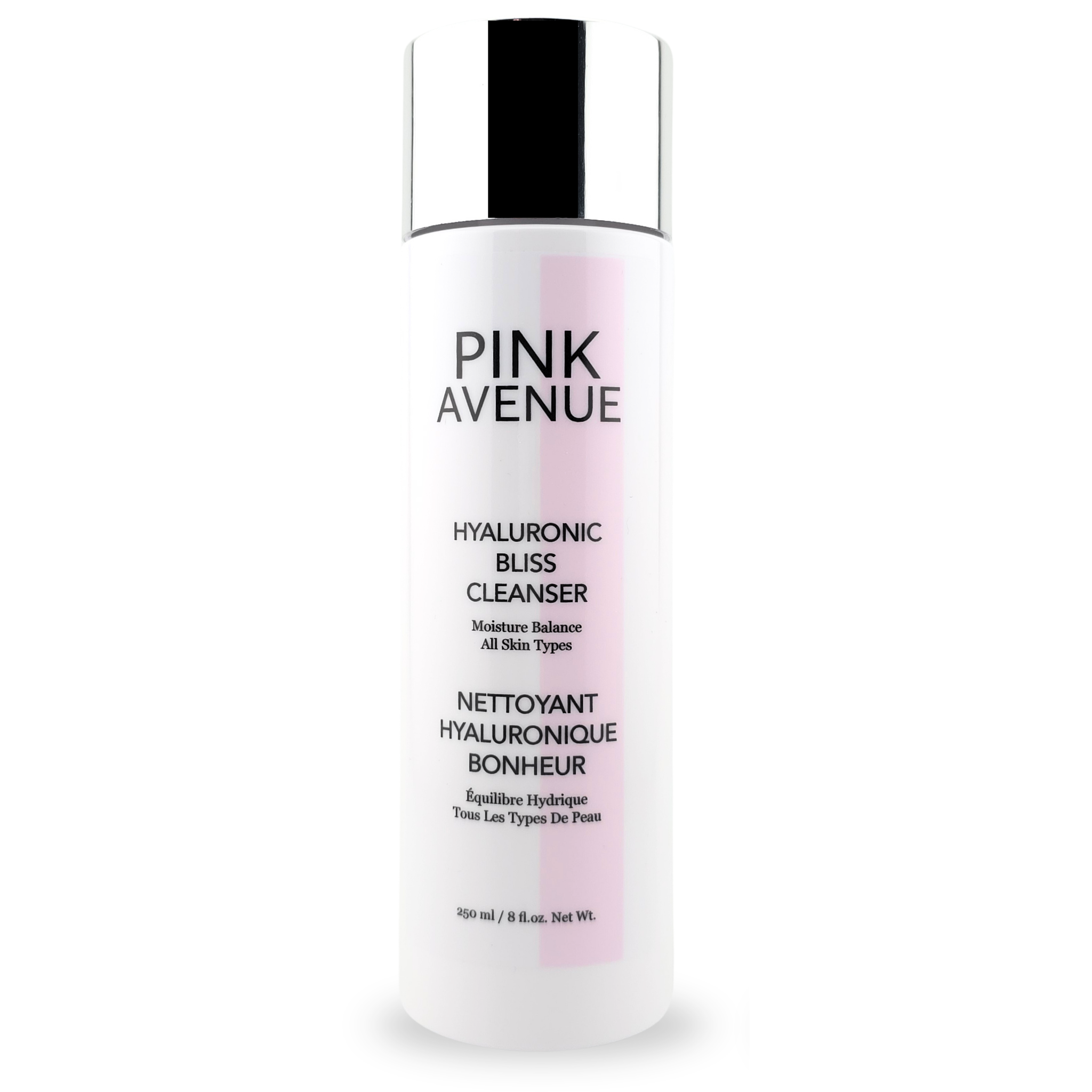A 100ml bottle of Pink Avenue Hyaluronic Bliss Cleanser, featuring a white bottle with a black cap and a soft pink label accent, set against a plain white background.
