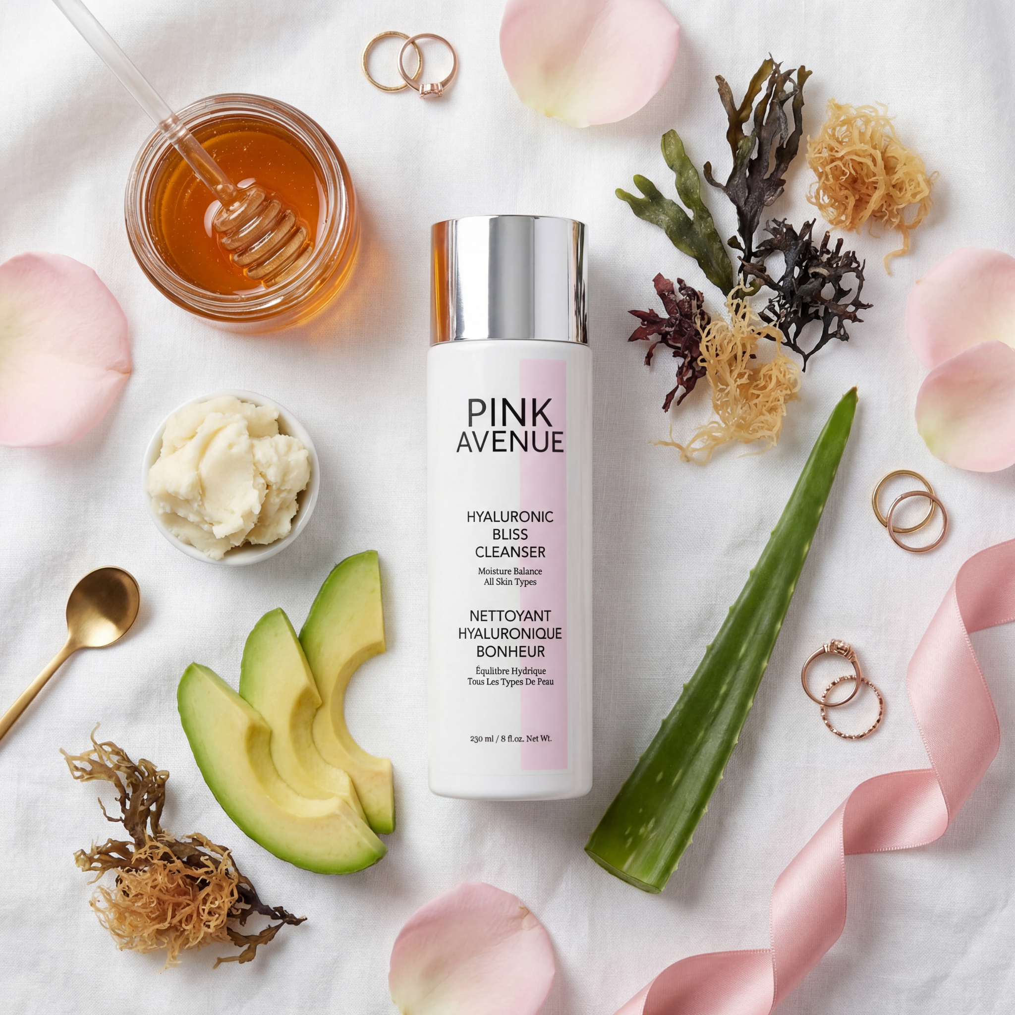 Pink Avenue skincare product with natural ingredients on a white background