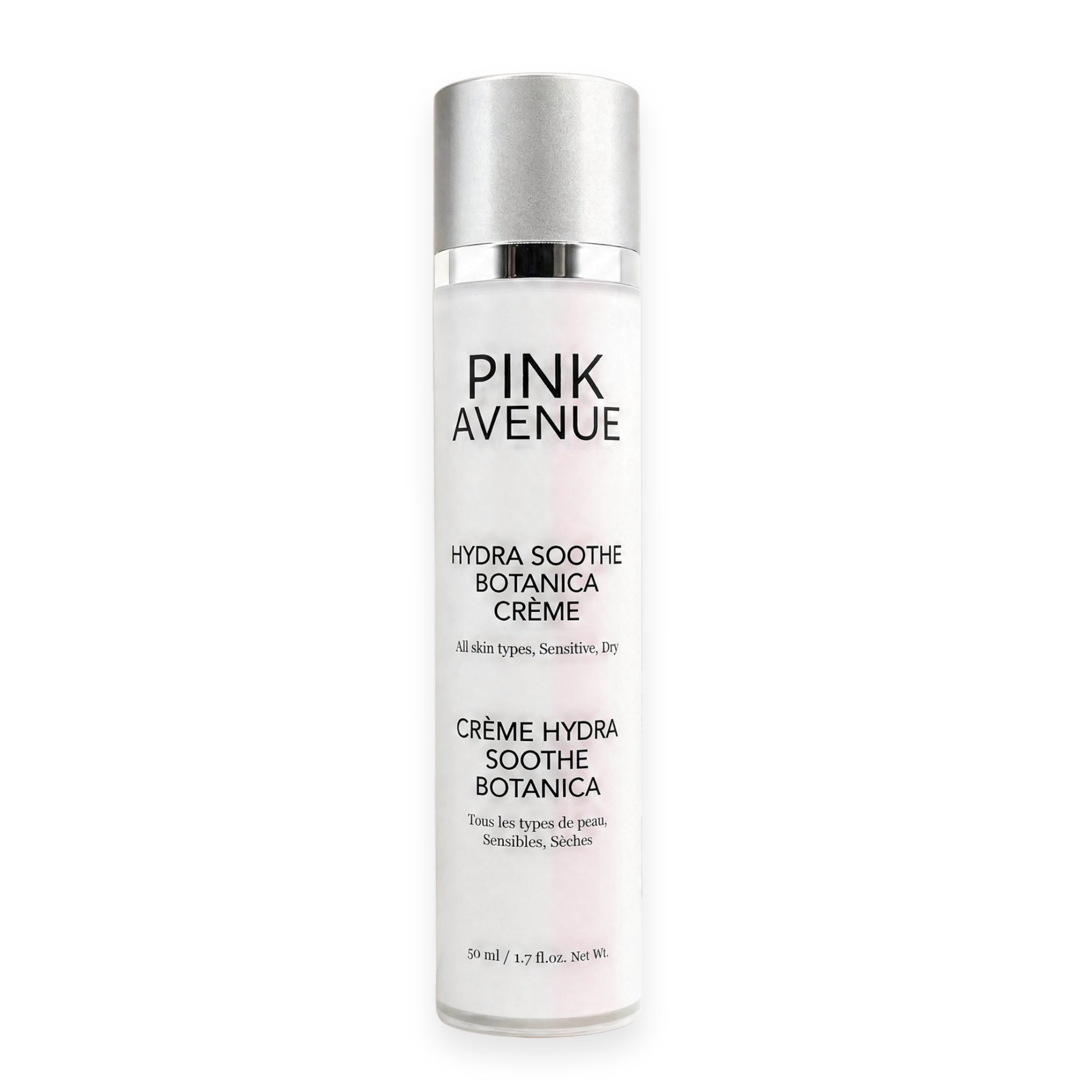 Skincare bottle labeled 'Pink Avenue' on a white background