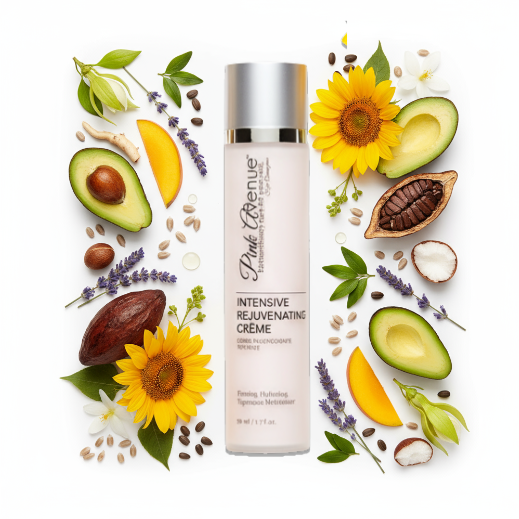 Skincare bottle labeled 'Pink Avenue surrounded by avocados, sunflowers, and other natural elements on a white background.