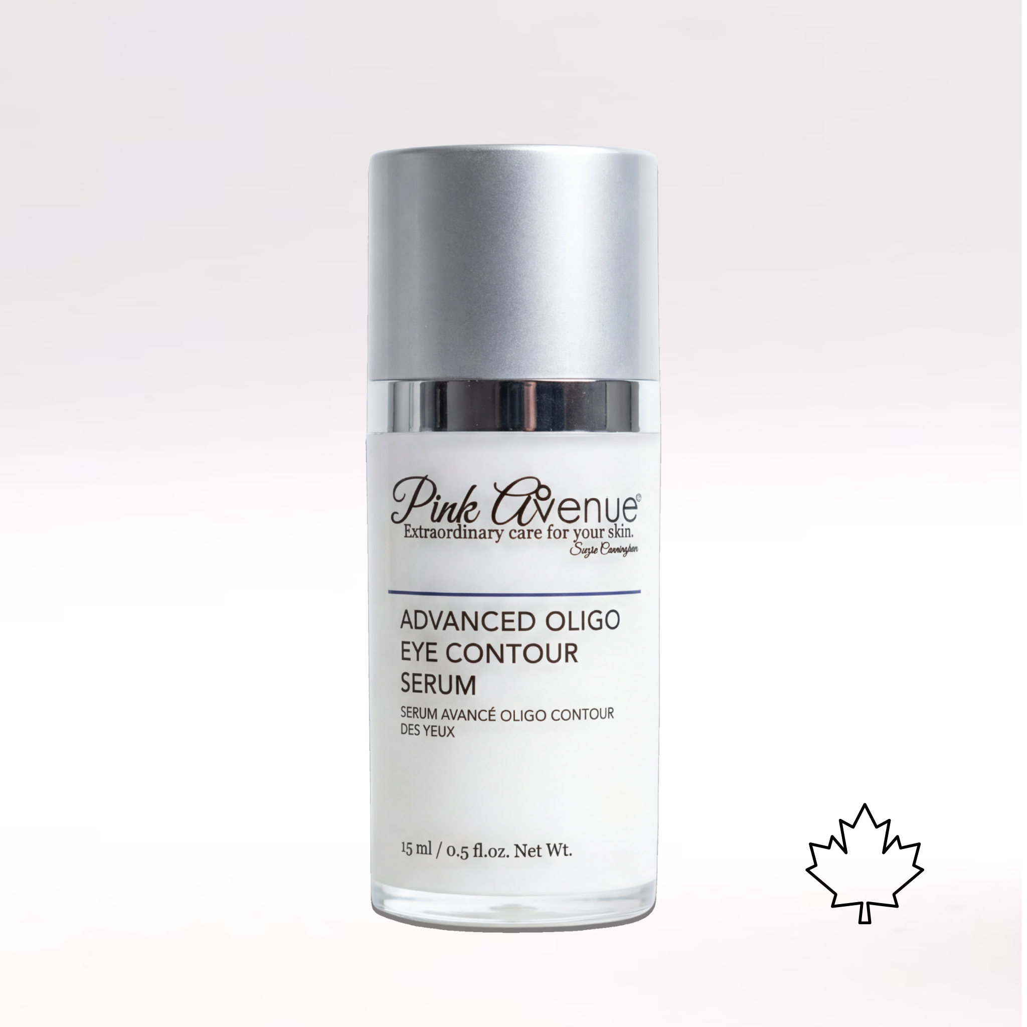 Skincare serum bottle with 'Pink Avenue' branding on a white background