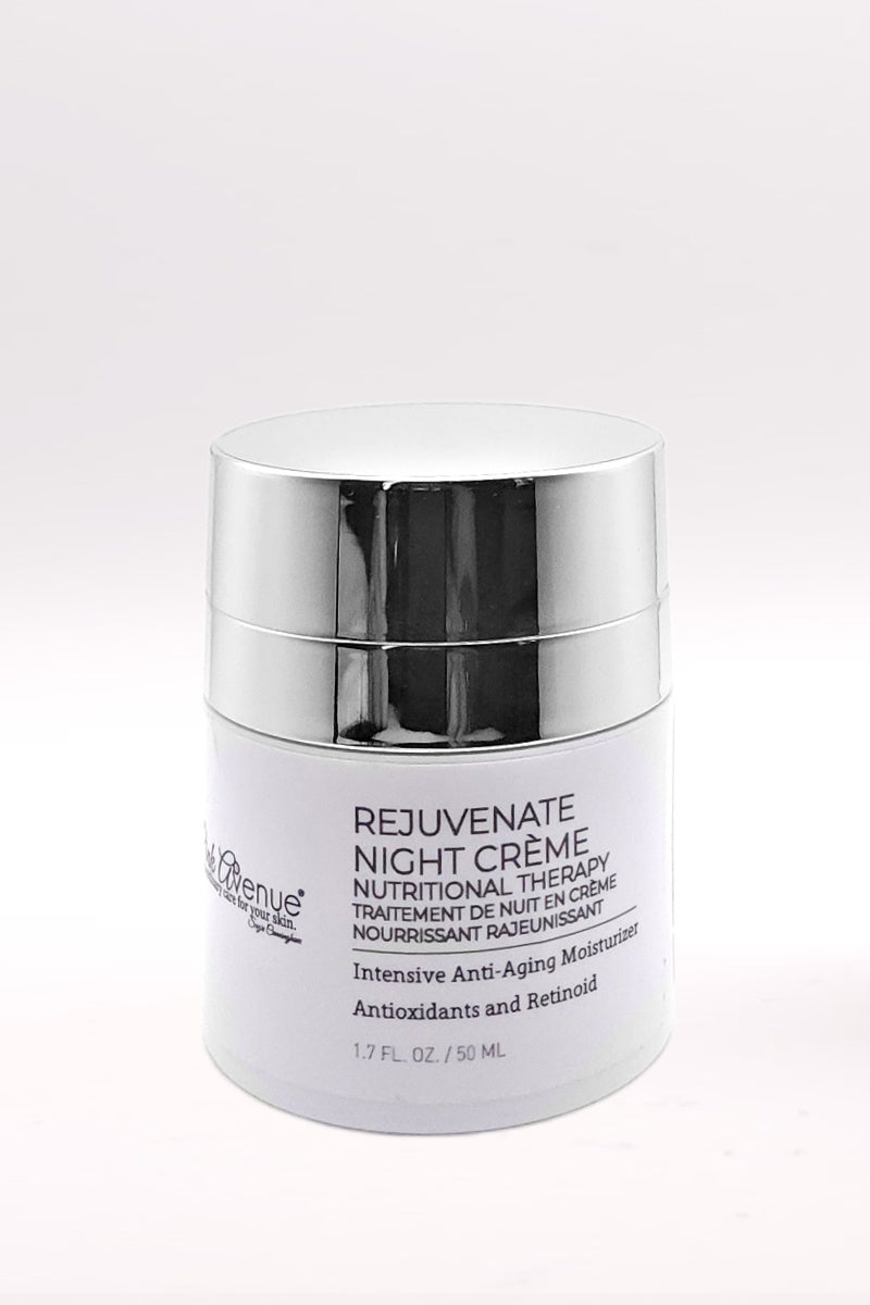Pink Avenue Rejuvenate Night Cream 50ml - dermatologist formulated paraben-free anti-aging night moisturizer with retinoid, Orange Flower Oil, Lipochroman® and CoQ10 for improving skin appearance, available at Pink Avenue Skin Care, Toronto, Canada