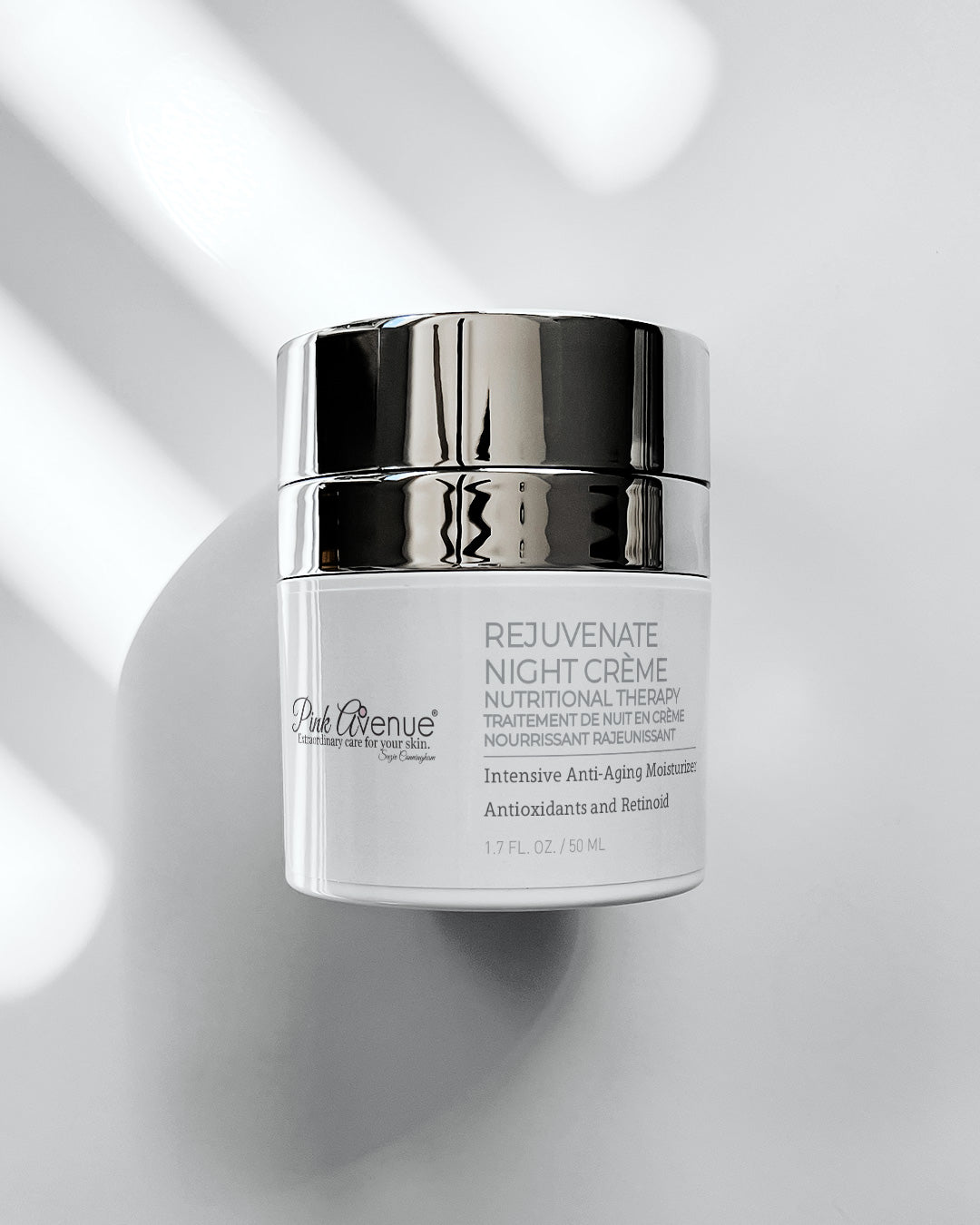 Pink Avenue Rejuvenate Night Cream pump jar - luxury anti-aging night cream with antioxidants and retinoid for smoothing fine lines and enhancing skin tone, paraben-free formula shipped from Toronto, Canad