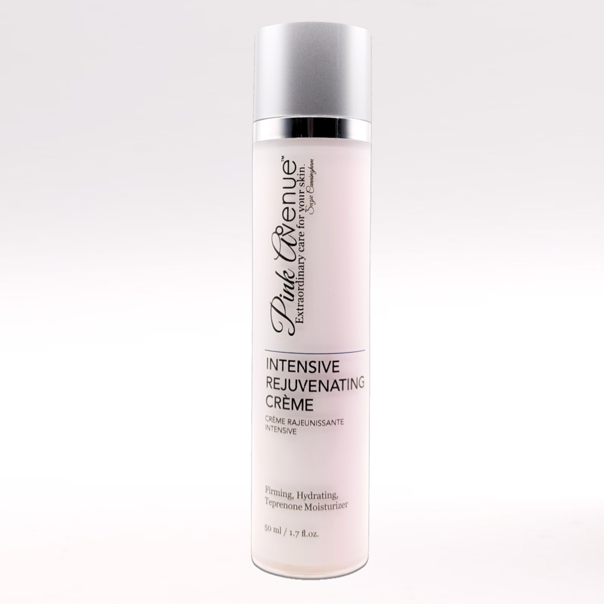 Bottle of Pink Avenue Intensive Rejuvenating Creme on a white background