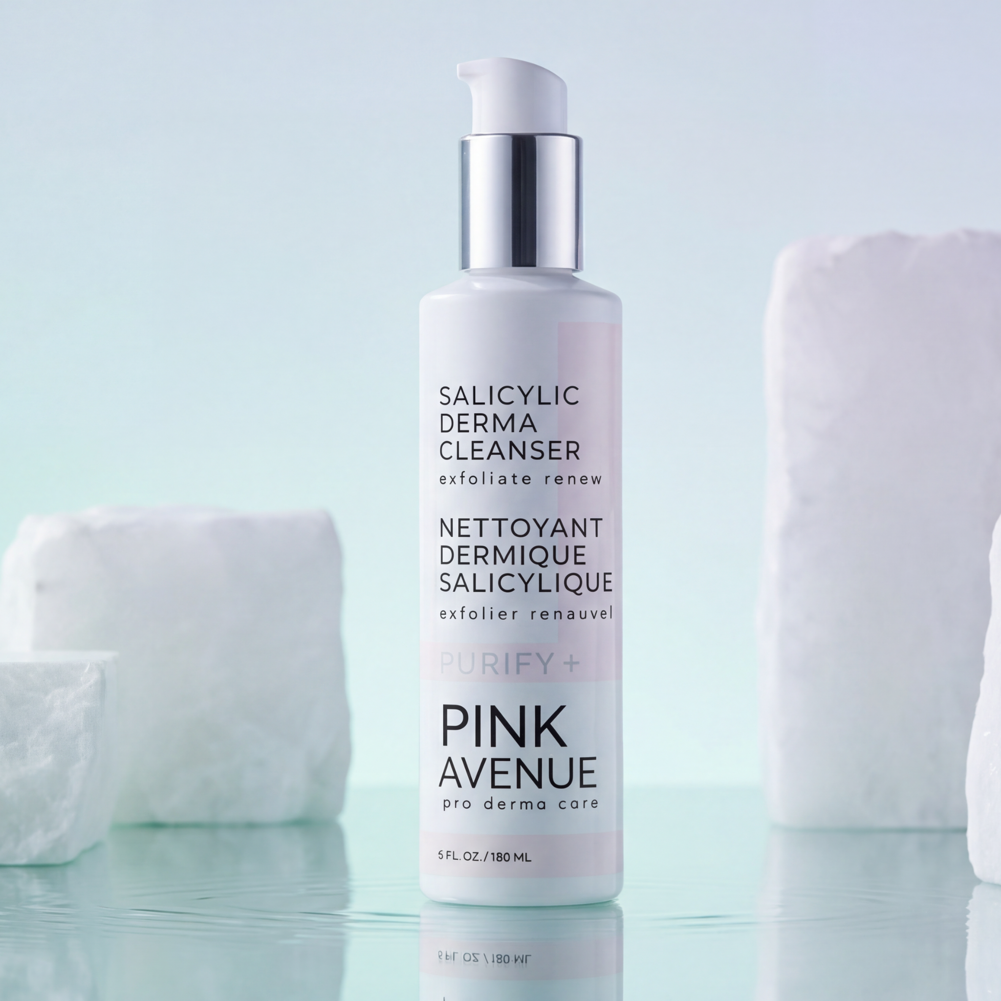 Pink Avenue skincare bottle on a light blue background