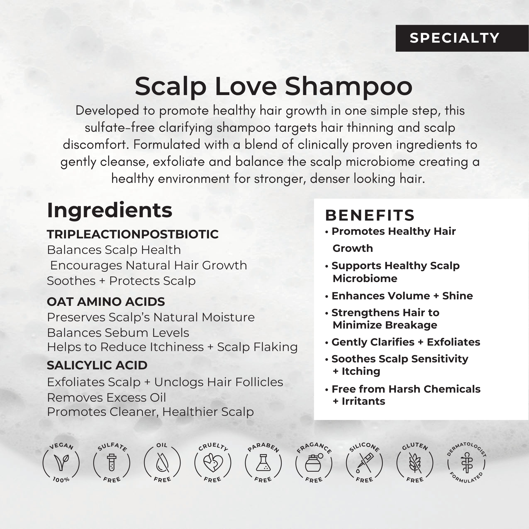 Product info for Scalp Love Shampoo with text and icons on a light gray background